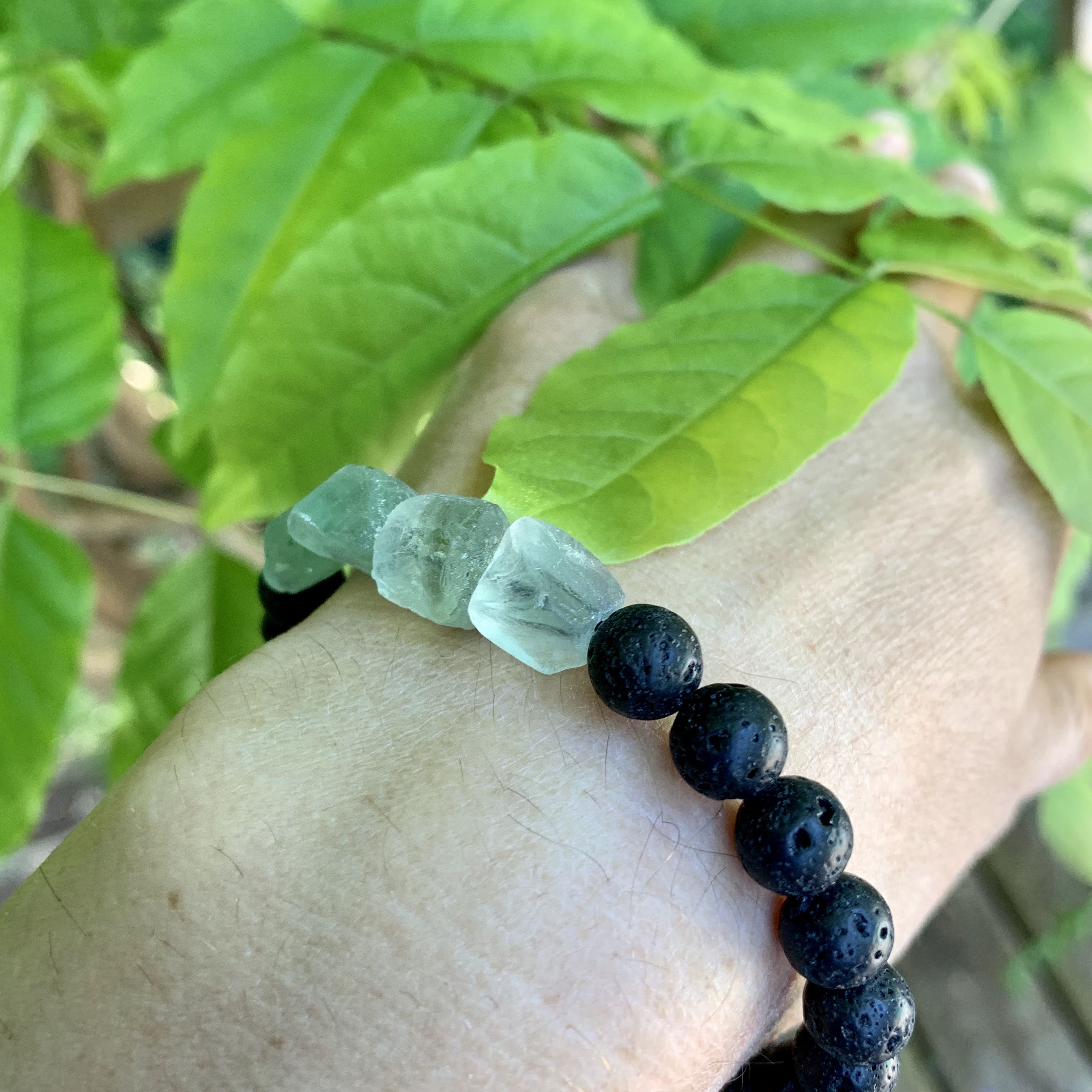 Raw Green Fluorite Lava Stone Bracelet on Adjustable Cotton Cord -Ideal for Essential Oils - Earth Family Crystals