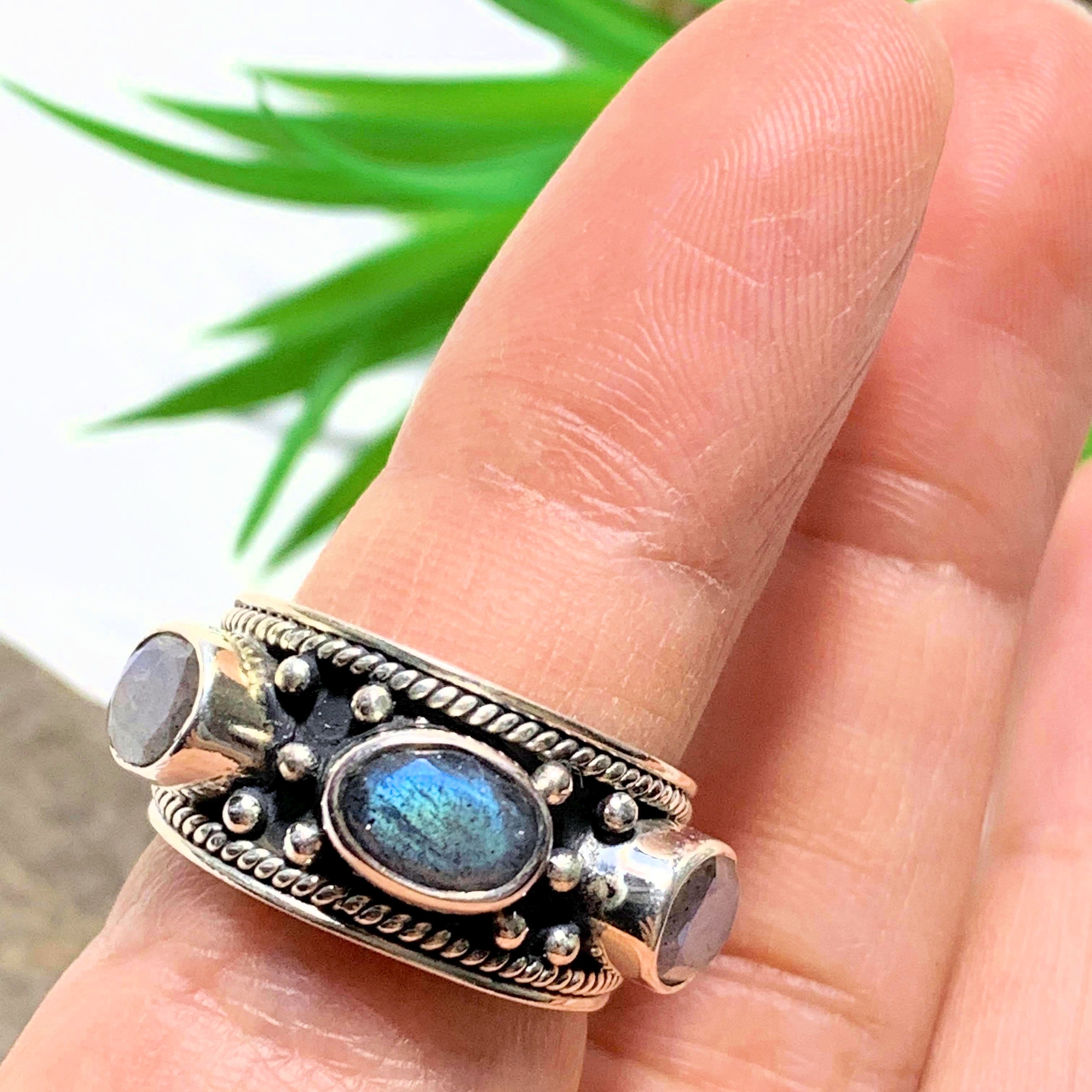 Faceted 3 Stone Labradorite Antique Style Sterling Silver Ring (Size 6) - Earth Family Crystals