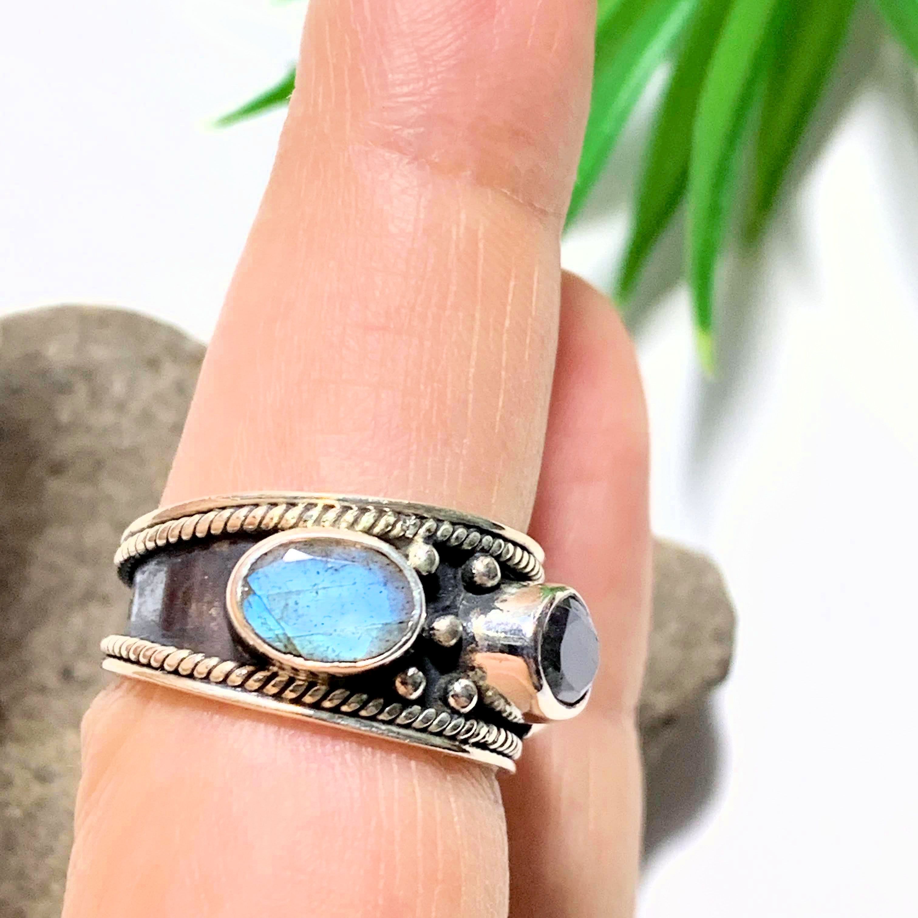 Faceted 3 Stone Labradorite Antique Style Sterling Silver Ring (Size 6) - Earth Family Crystals