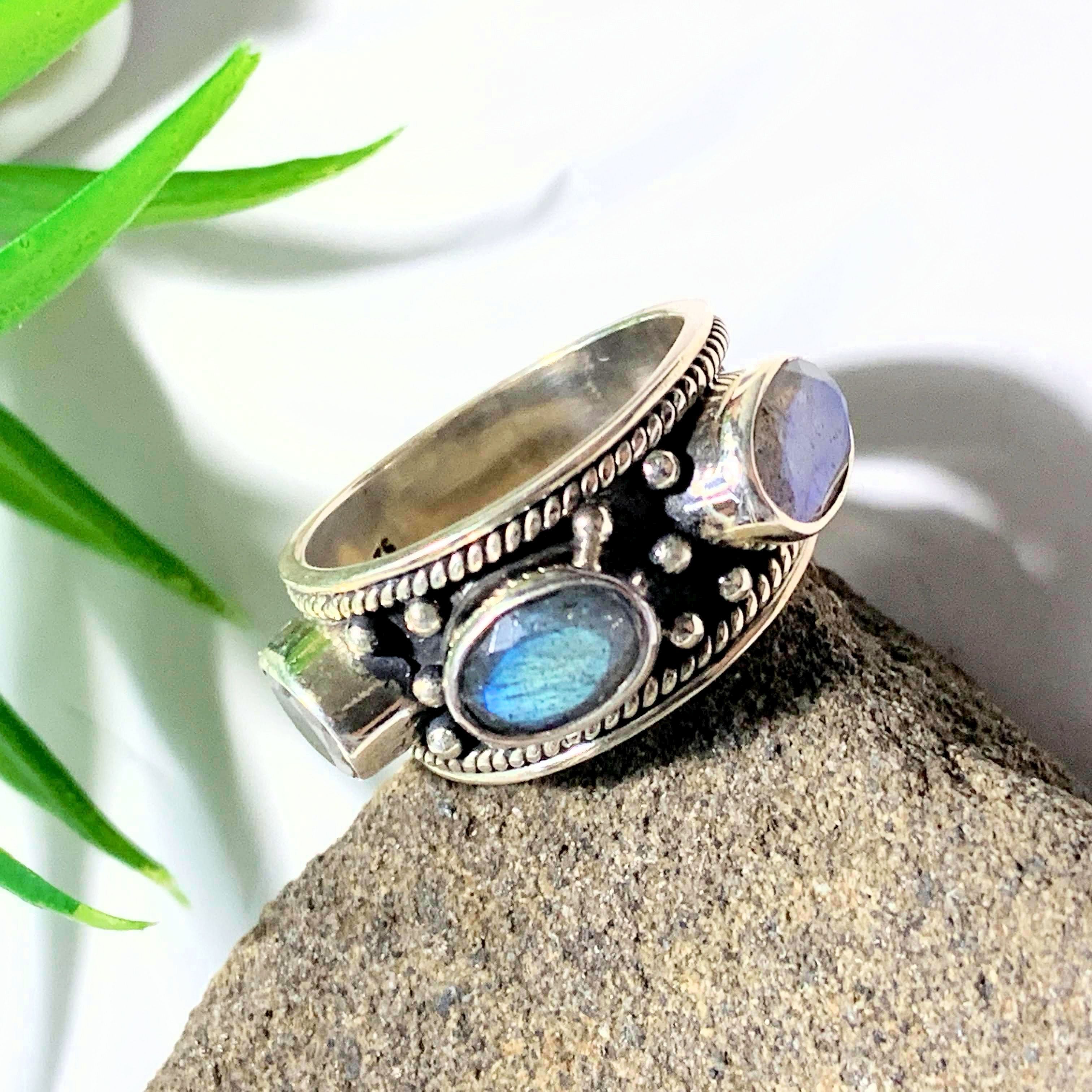 Faceted 3 Stone Labradorite Antique Style Sterling Silver Ring (Size 6) - Earth Family Crystals