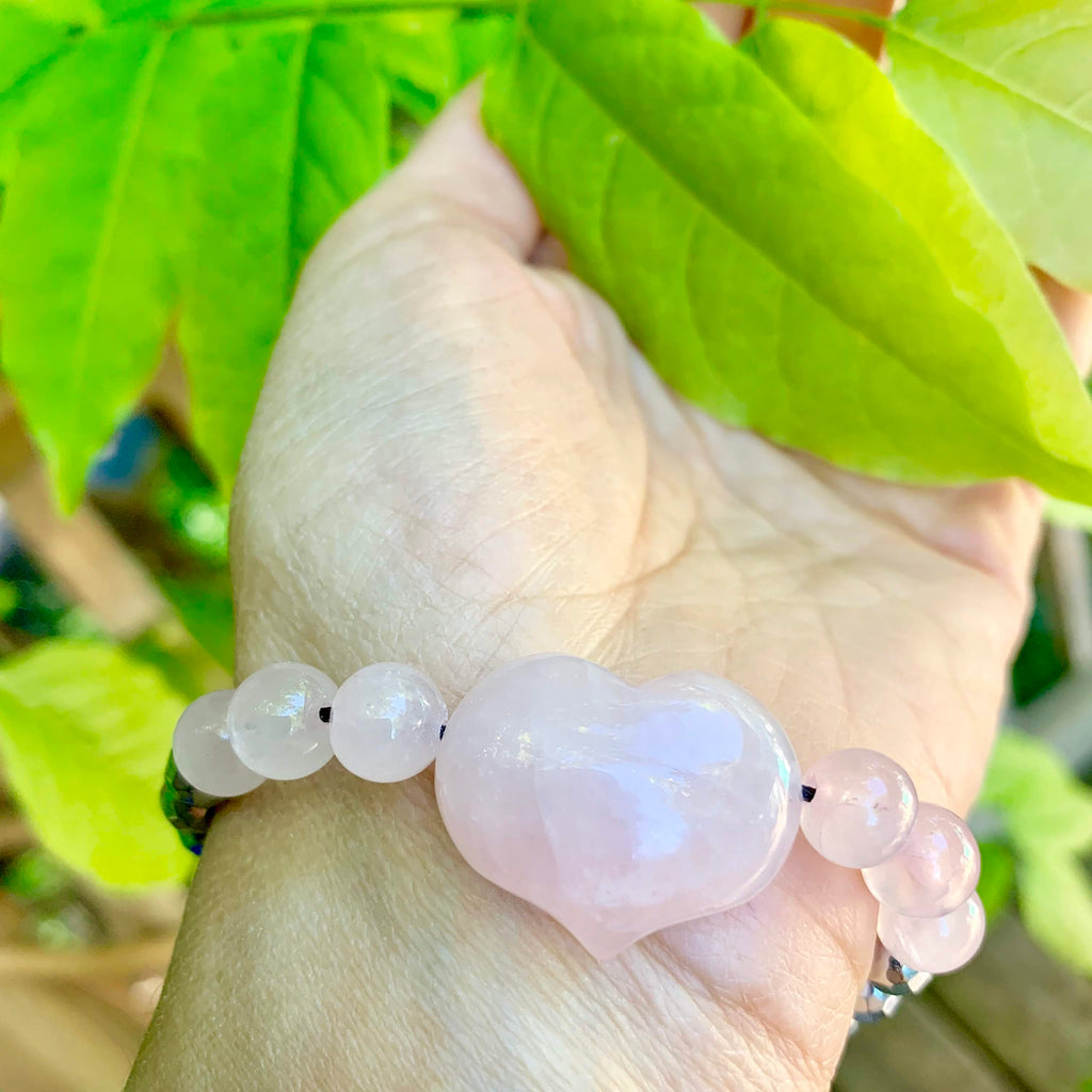 Pretty Pink Rose Quartz Heart & Hematite Bracelet on Adjustable Cotton Cord - Earth Family Crystals