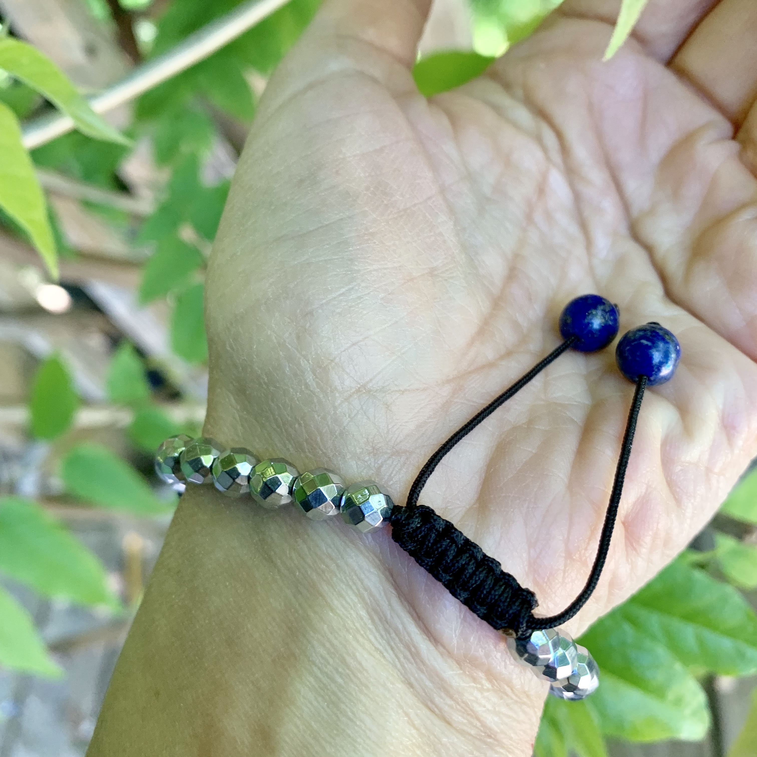 Vibrant Blue Lapis Lazuli Heart & Hematite Bracelet on Adjustable Cotton Cord - Earth Family Crystals