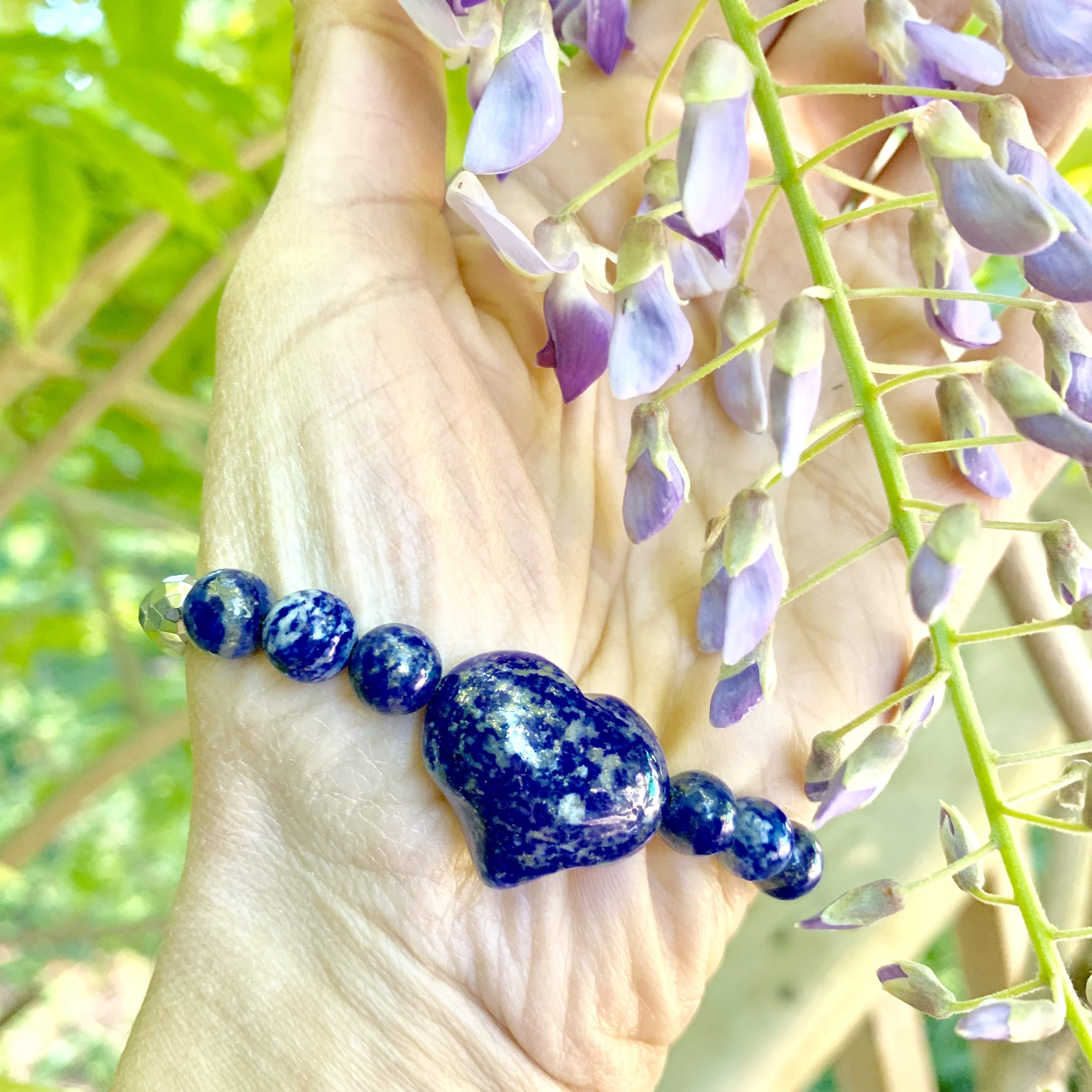 Vibrant Blue Lapis Lazuli Heart & Hematite Bracelet on Adjustable Cotton Cord - Earth Family Crystals