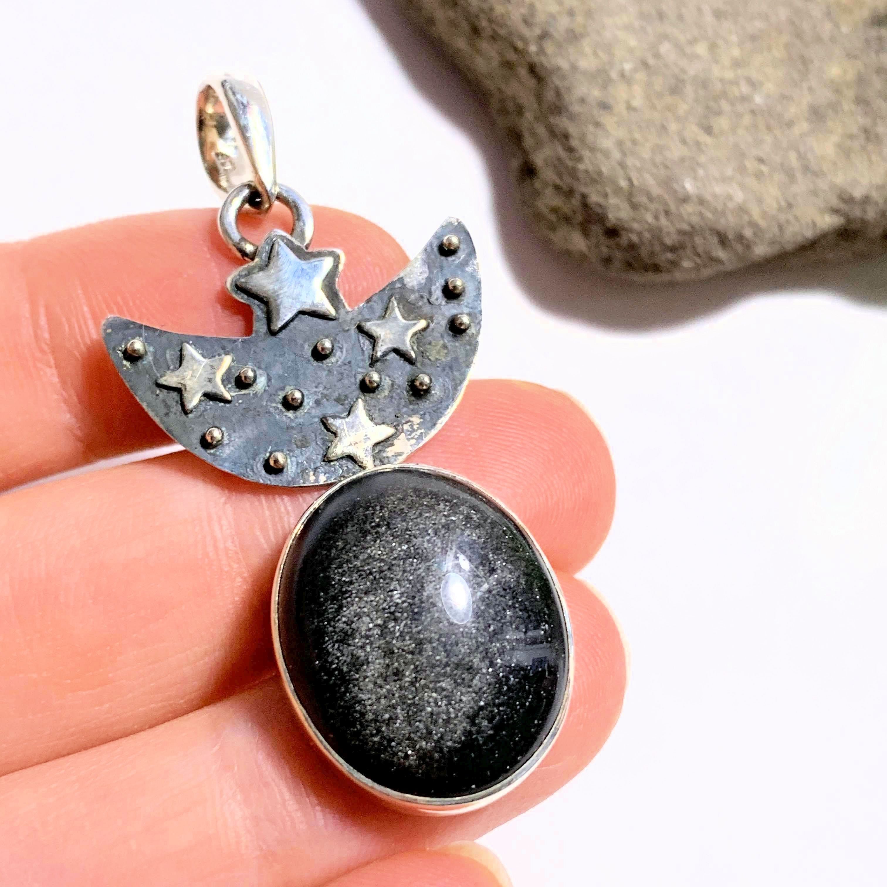 RESERVED For PATRIZIA~Unique Crescent Moon & Stars Golden Sheen Obsidian Oxidized Sterling Silver Pendant (Includes Silver Chain) - Earth Family Crystals