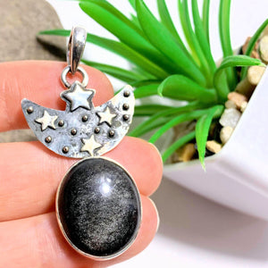 RESERVED For PATRIZIA~Unique Crescent Moon & Stars Golden Sheen Obsidian Oxidized Sterling Silver Pendant (Includes Silver Chain) - Earth Family Crystals