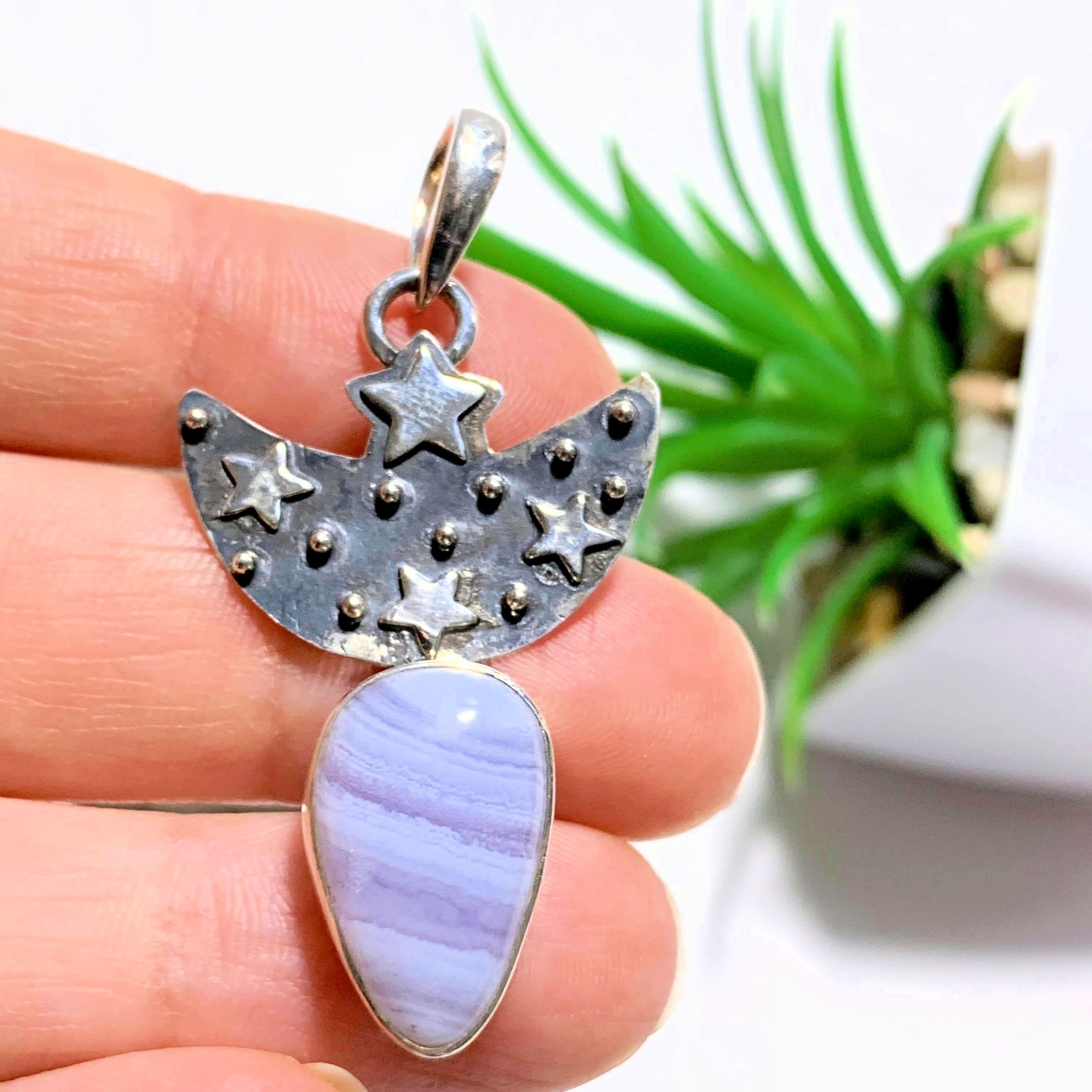 Crescent Moon & Stars Blue Lace Agate Sterling Silver Pendant (Includes Silver Chain) - Earth Family Crystals