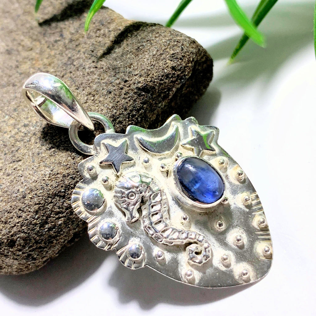 Gemmy Blue Kyanite Seahorse, Moon & Stars  Sterling Silver Pendant (Includes Silver Chain) - Earth Family Crystals