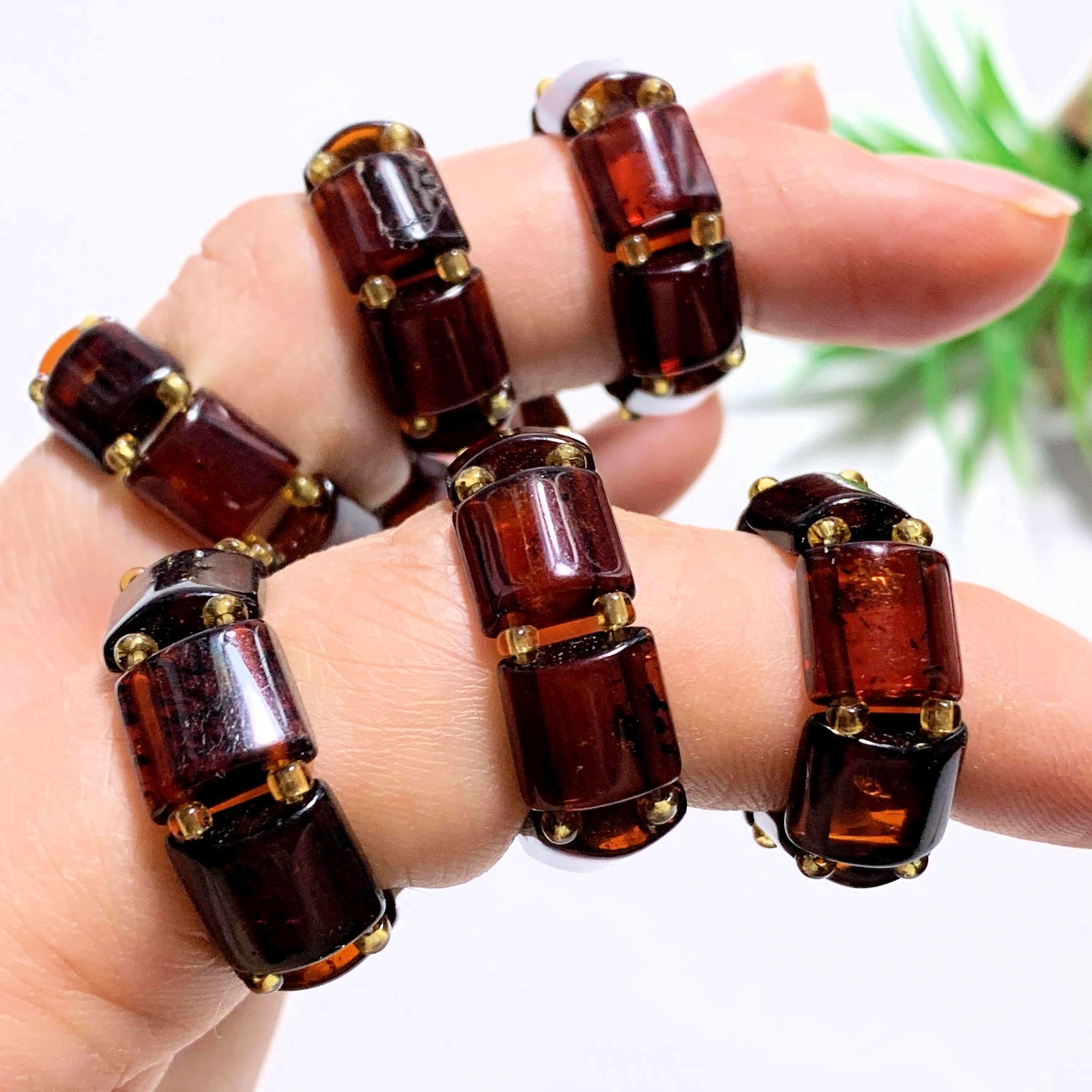 One Genuine Cherry Baltic Amber Ring on Stretchy Cord (Adjustable- Size 7-11) - Earth Family Crystals