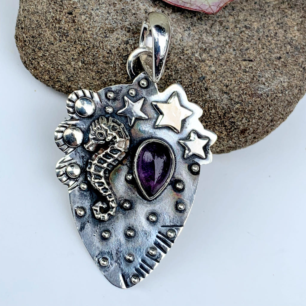 Delightful Seahorse & Stars Amethyst Oxidized Sterling Silver Pendant (Includes Silver Chain) - Earth Family Crystals