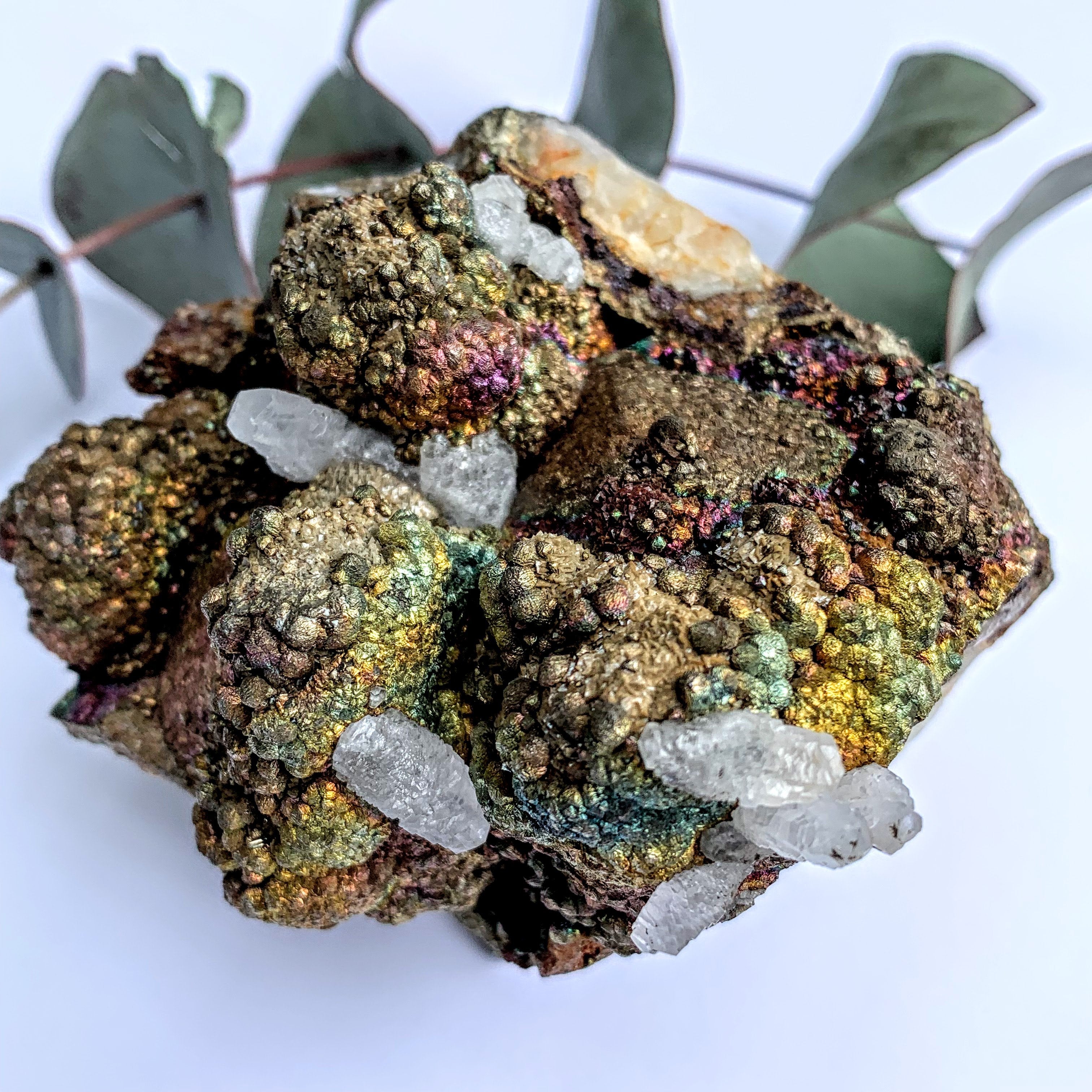 Fascinating Chunky Rainbow Chalcopyrite with Calcite Cathedral Points Inclusions on Quartz Matrix From California - Earth Family Crystals