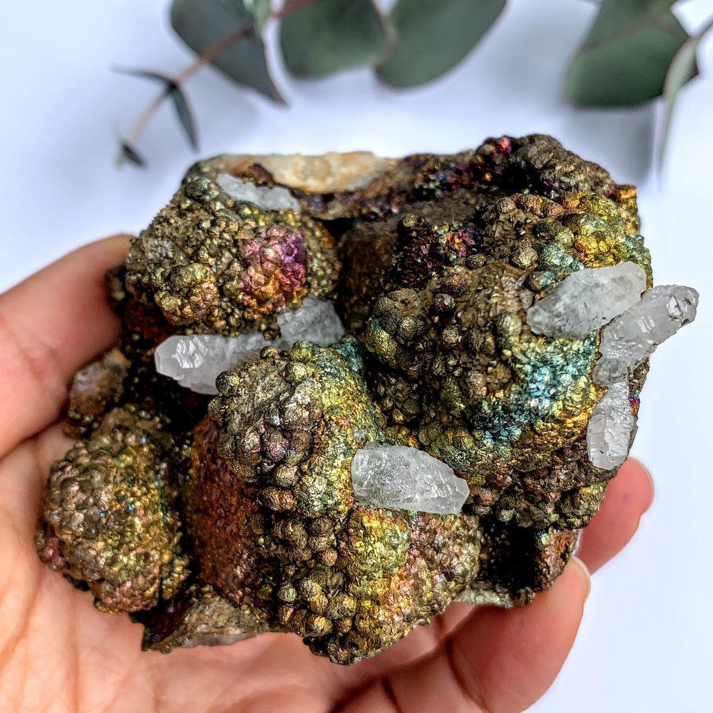Fascinating Chunky Rainbow Chalcopyrite with Calcite Cathedral Points Inclusions on Quartz Matrix From California - Earth Family Crystals