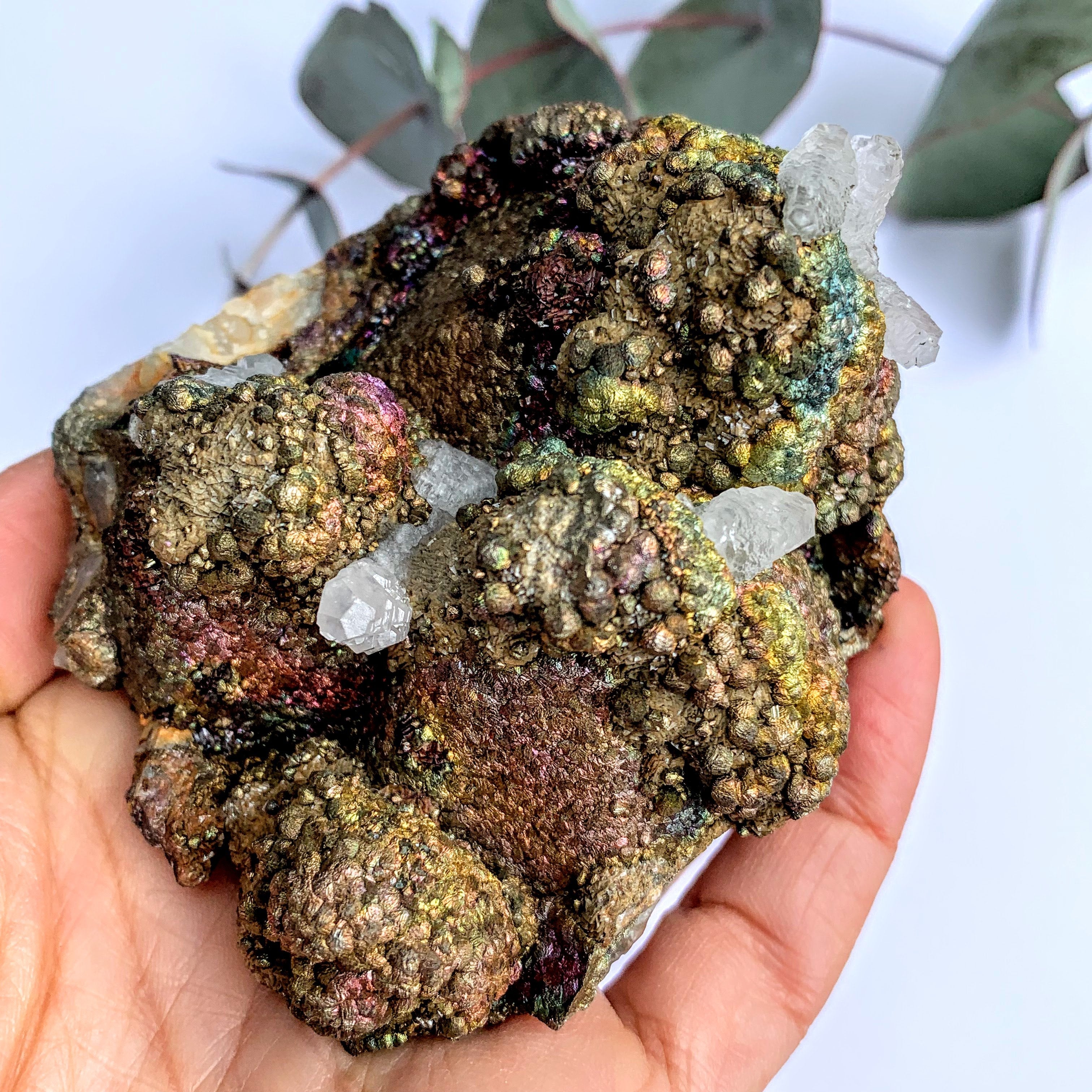 Fascinating Chunky Rainbow Chalcopyrite with Calcite Cathedral Points Inclusions on Quartz Matrix From California - Earth Family Crystals