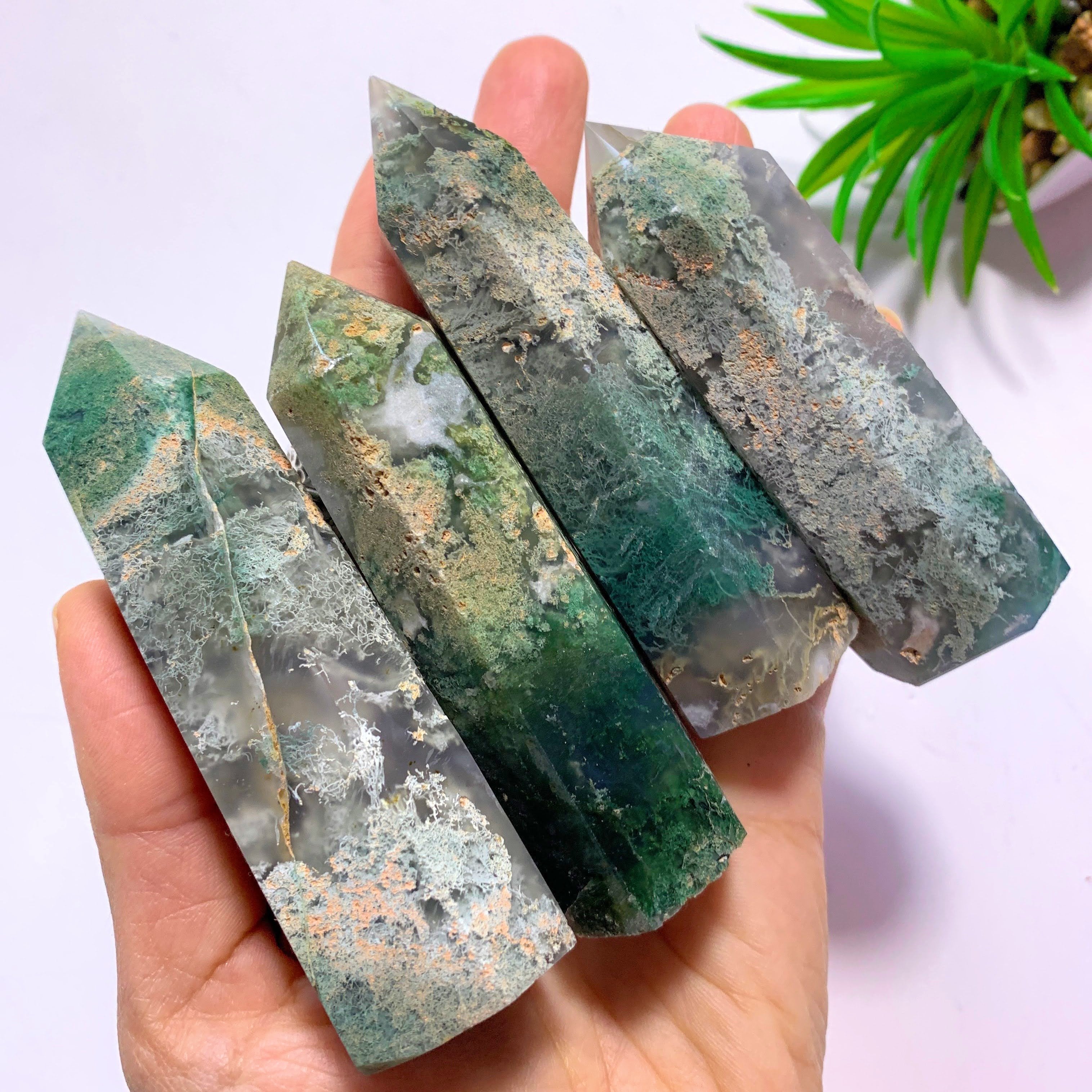 One Polished Moss Agate Standing Display Tower