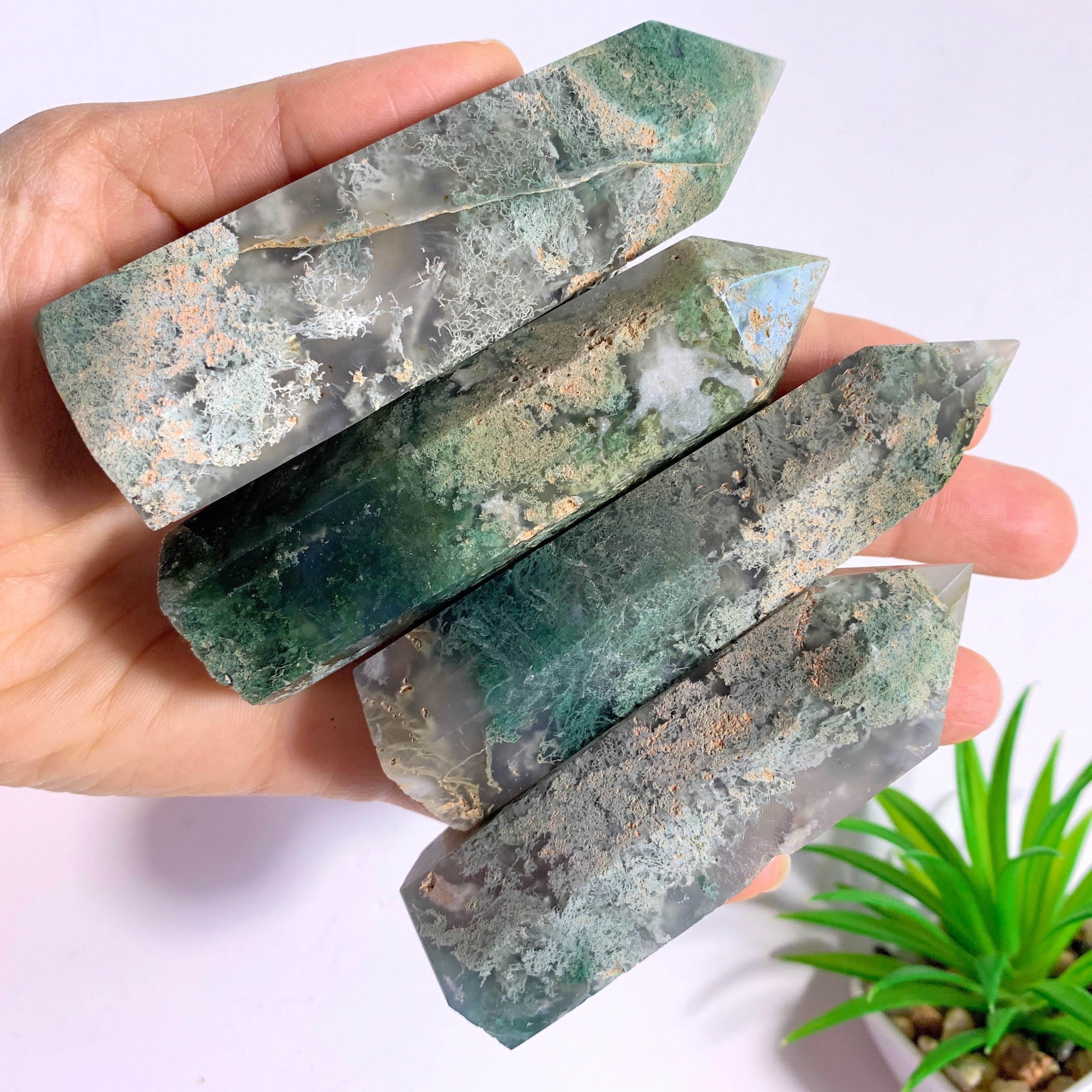 One Polished Moss Agate Standing Display Tower