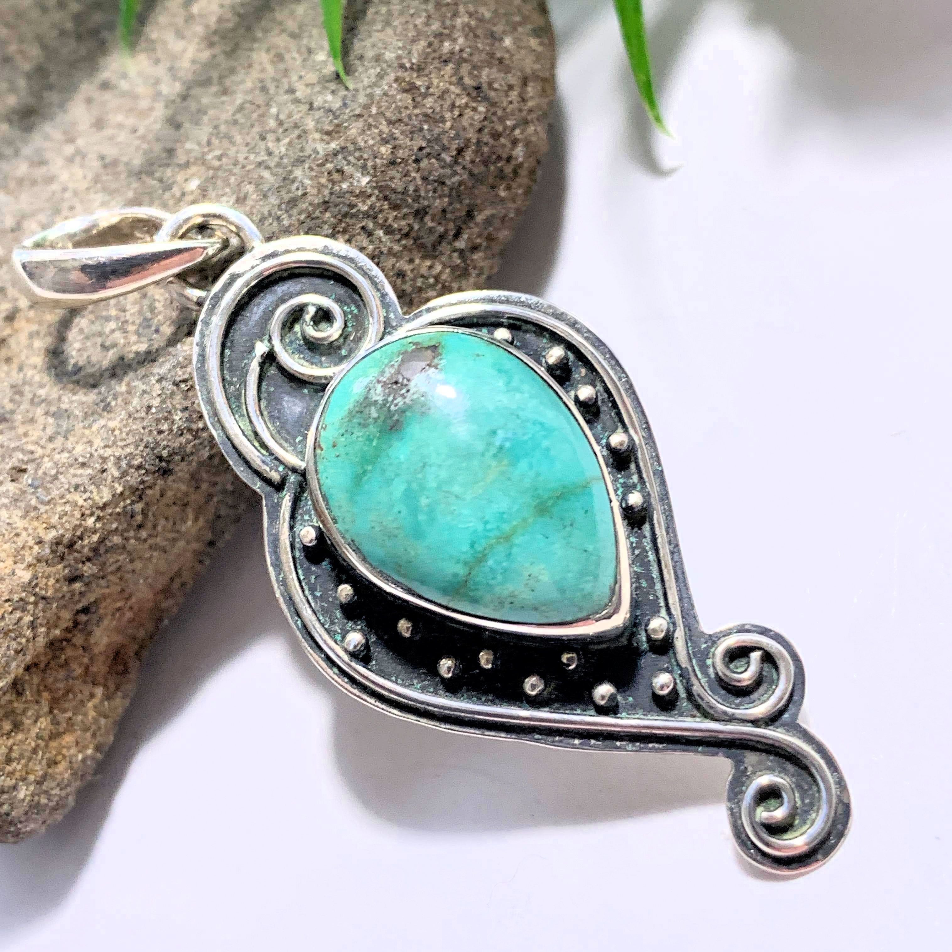 Elegant Tibetan Turquoise Sterling Silver Pendant (Includes Silver Chain) - Earth Family Crystals