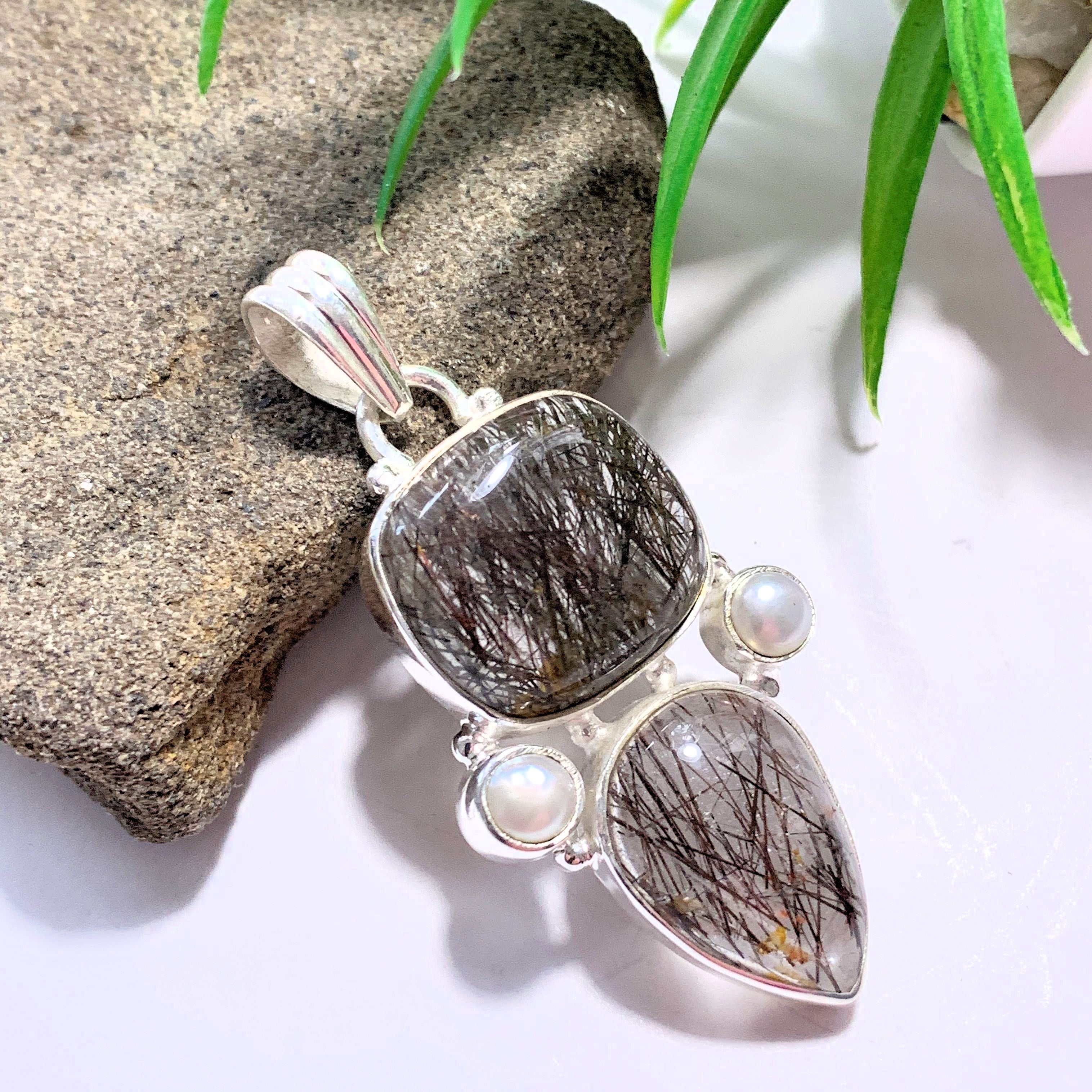 Tourmalated Quartz & Pearl Pendant in Sterling Silver (Includes Silver Chain) - Earth Family Crystals