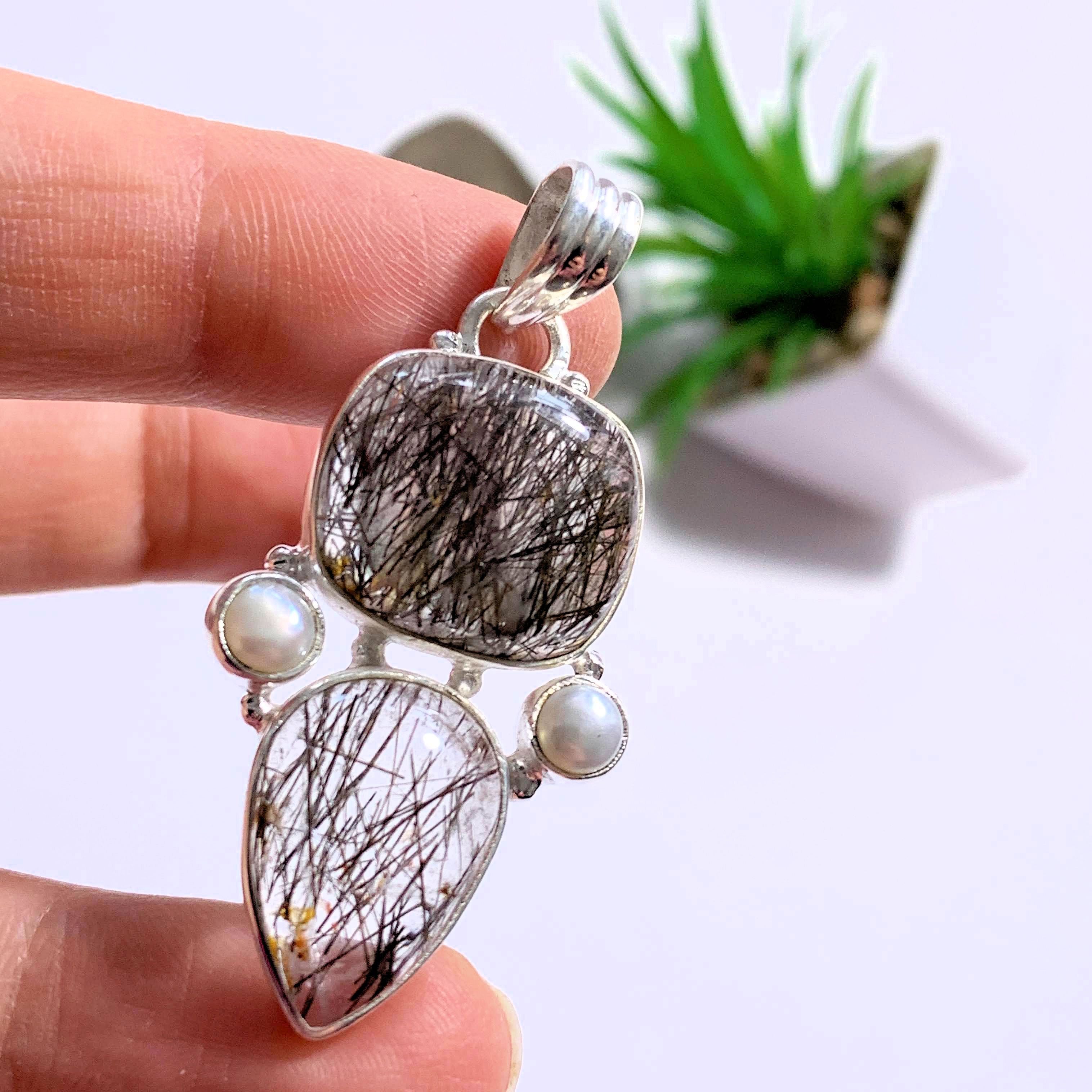 Tourmalated Quartz & Pearl Pendant in Sterling Silver (Includes Silver Chain) - Earth Family Crystals