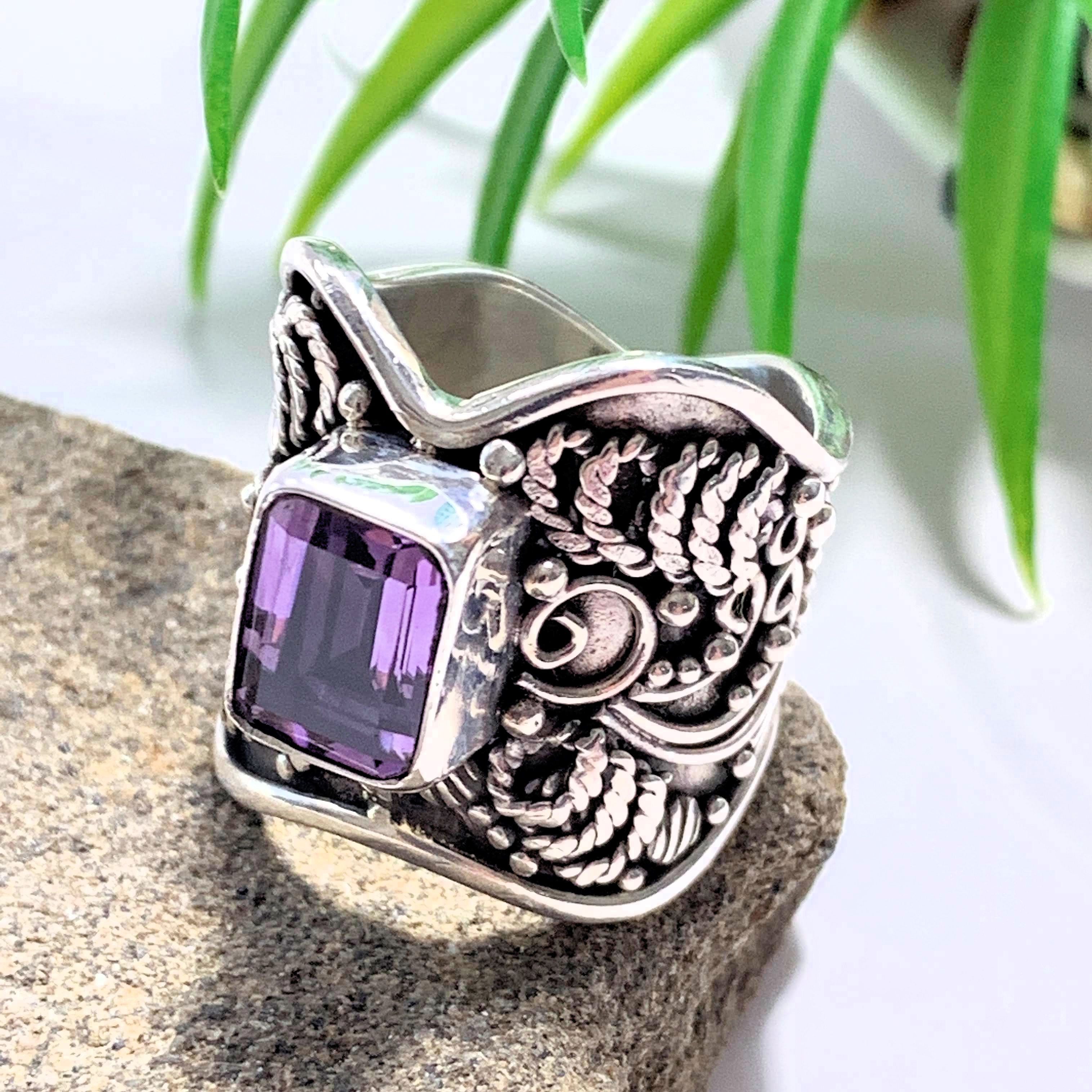 Faceted Purple Amethyst Elegant Sterling Silver Ring (Size 6.5) - Earth Family Crystals