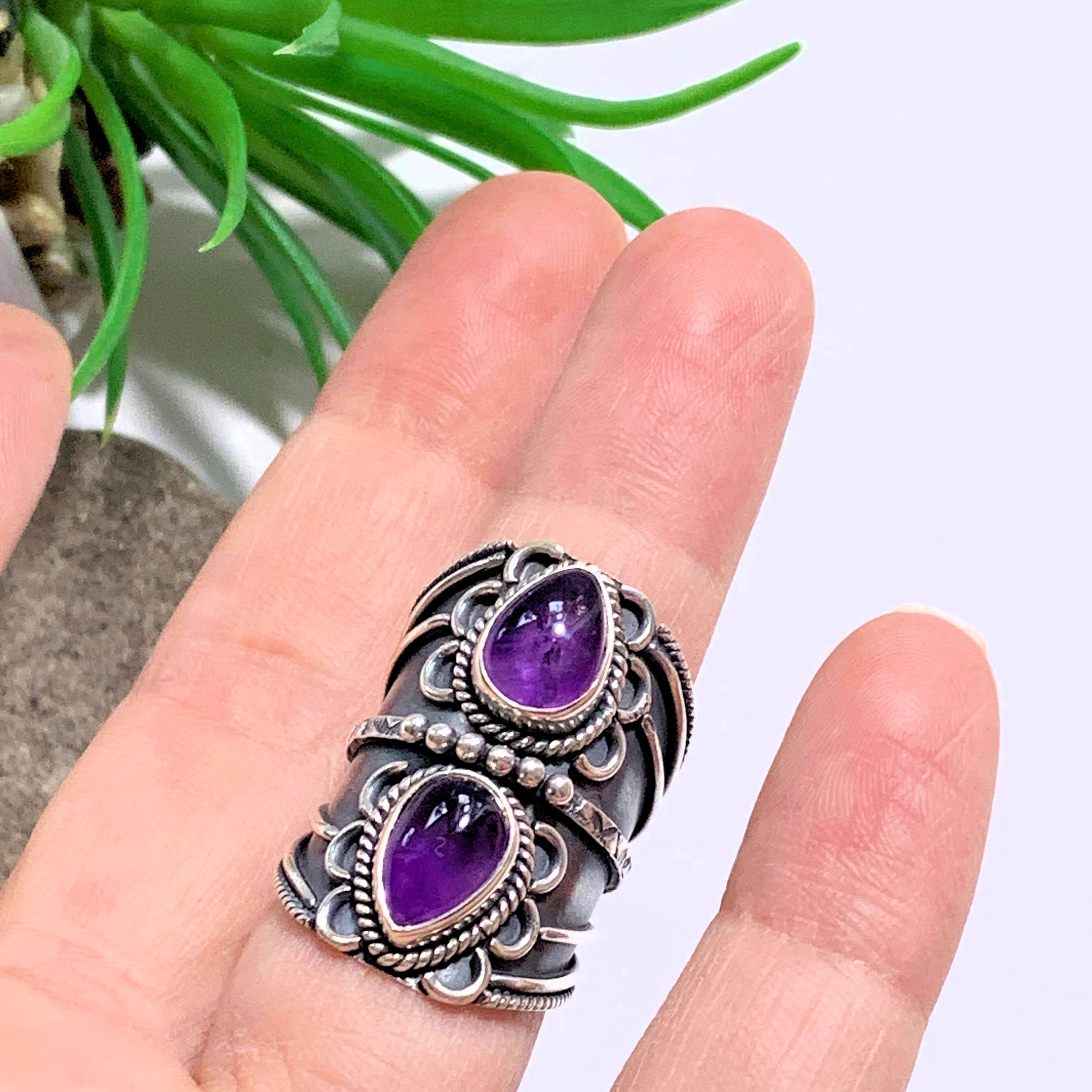 Chunky Deep Purple Double Amethyst Statement Sterling Silver Ring (Size 5.5) - Earth Family Crystals