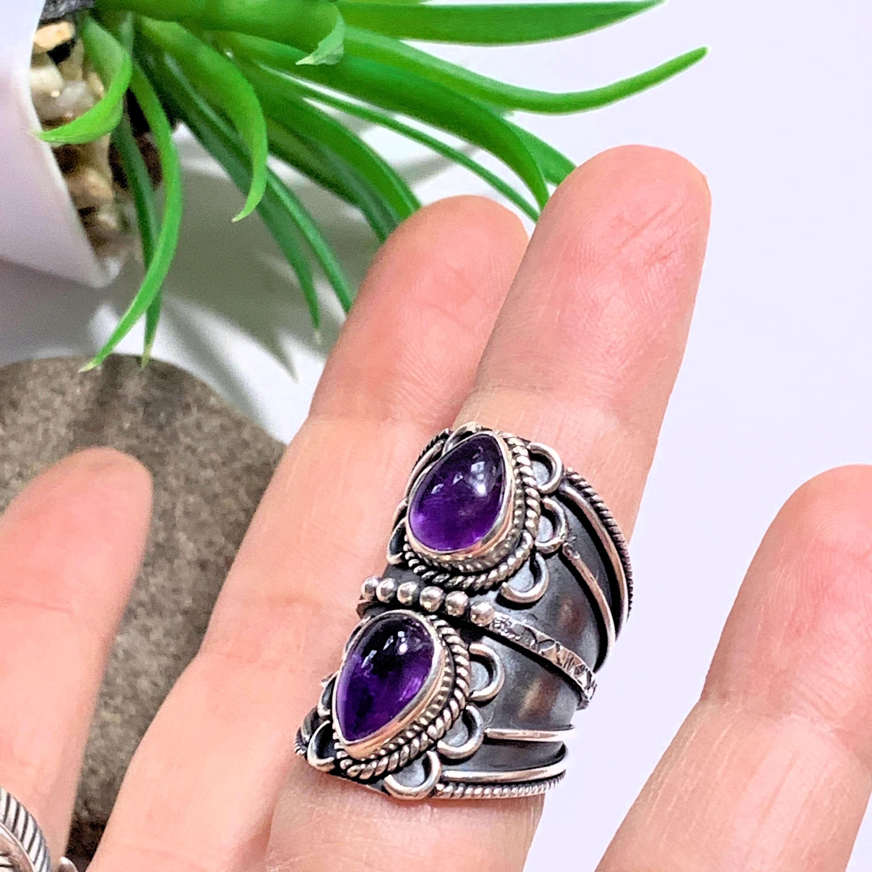 Chunky Deep Purple Double Amethyst Statement Sterling Silver Ring (Size 5.5) - Earth Family Crystals