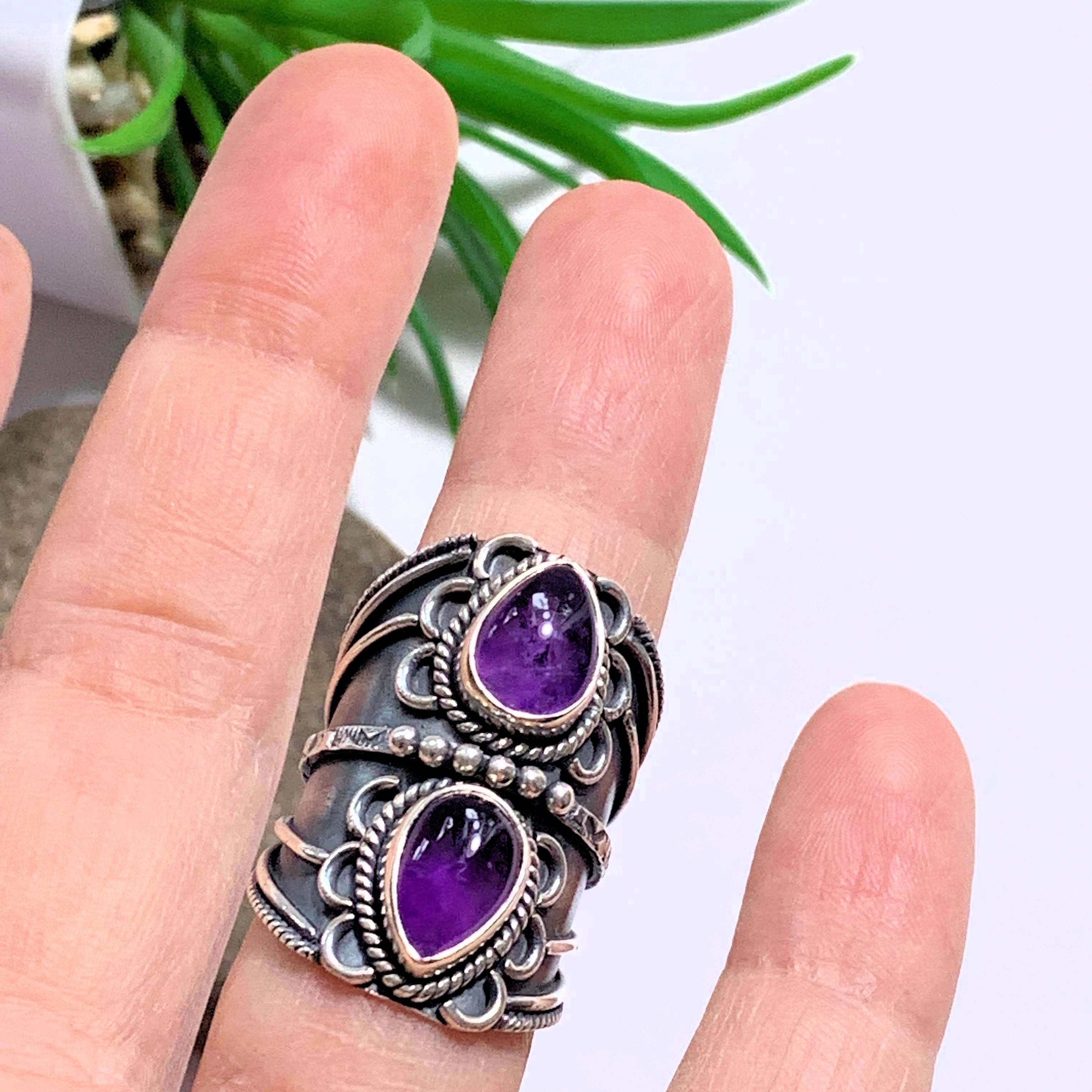 Chunky Deep Purple Double Amethyst Statement Sterling Silver Ring (Size 5.5) - Earth Family Crystals