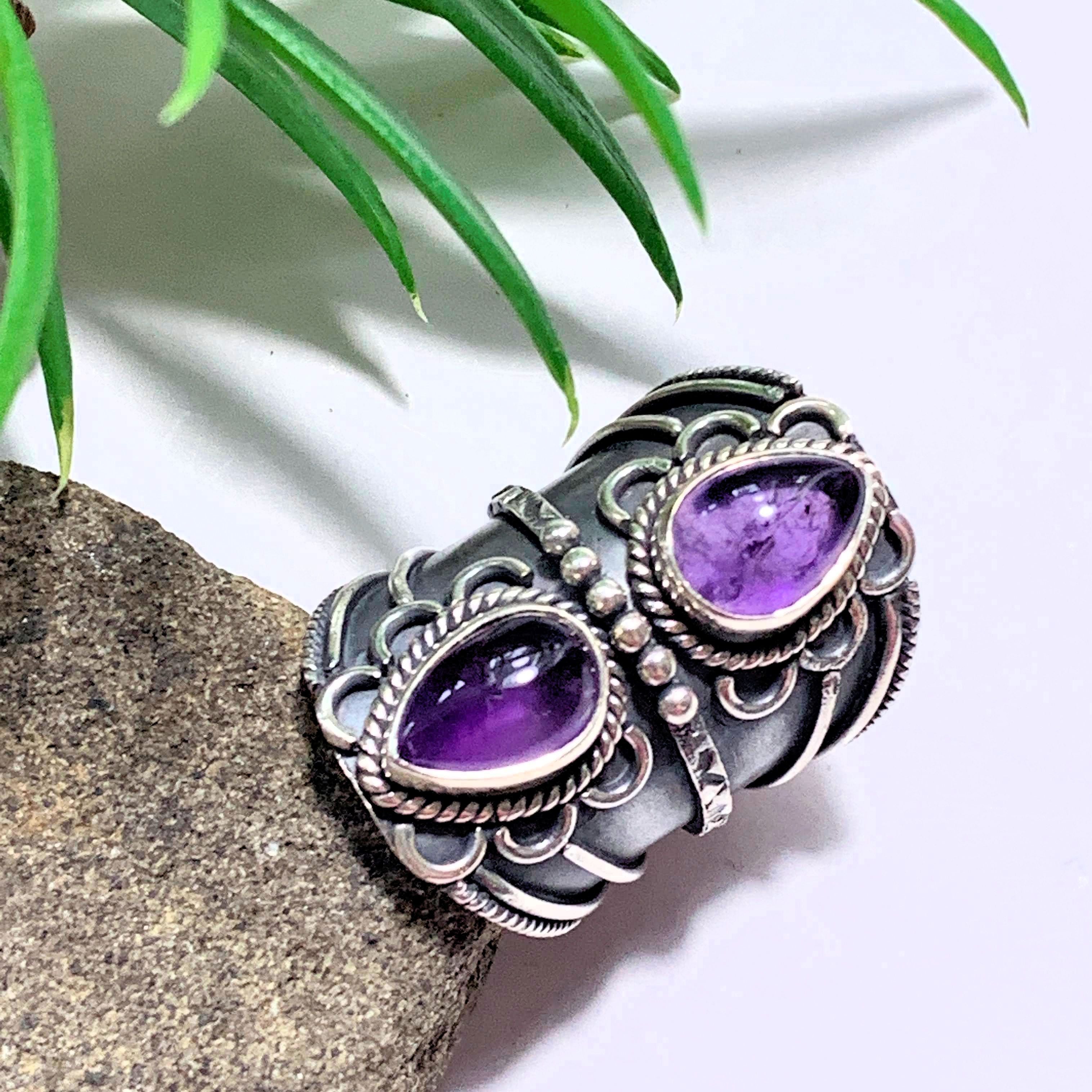 Chunky Deep Purple Double Amethyst Statement Sterling Silver Ring (Size 5.5) - Earth Family Crystals