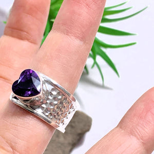 Faceted Deep Purple Amethyst Heart Sterling Silver Ring (Size Adjustable~9-10.5) - Earth Family Crystals