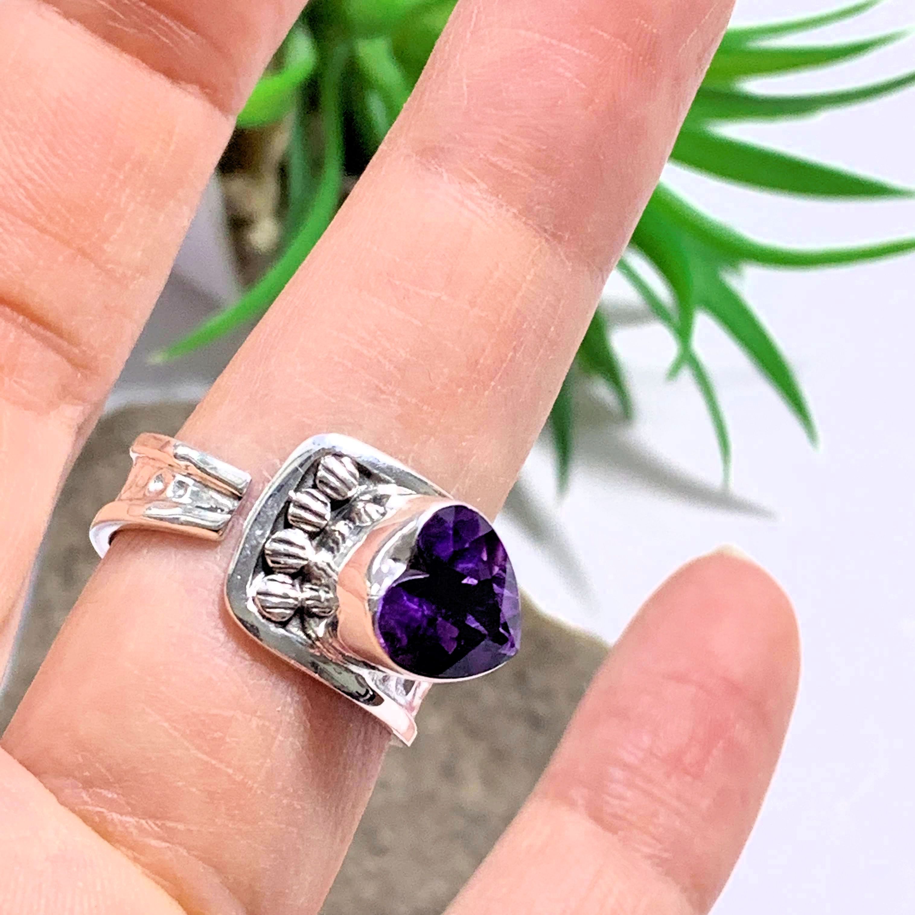 Faceted Deep Purple Amethyst Heart Sterling Silver Ring (Size Adjustable~9-10.5) - Earth Family Crystals
