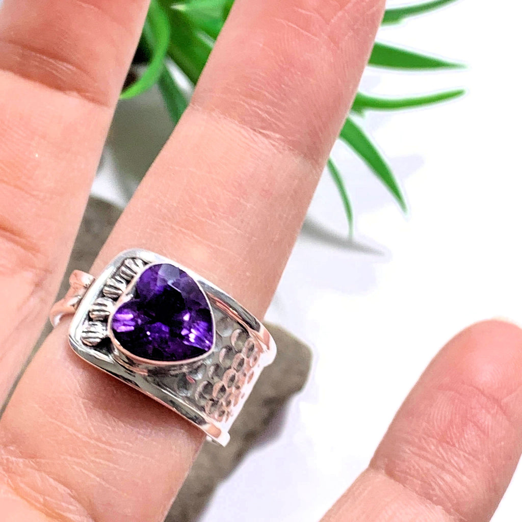 Faceted Deep Purple Amethyst Heart Sterling Silver Ring (Size Adjustable~9-10.5) - Earth Family Crystals