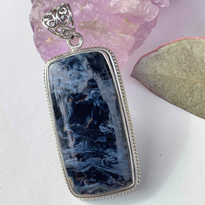 Silky Blue Patterns Large Pietersite  Pendant in Sterling Silver (Includes Silver Chain)#2