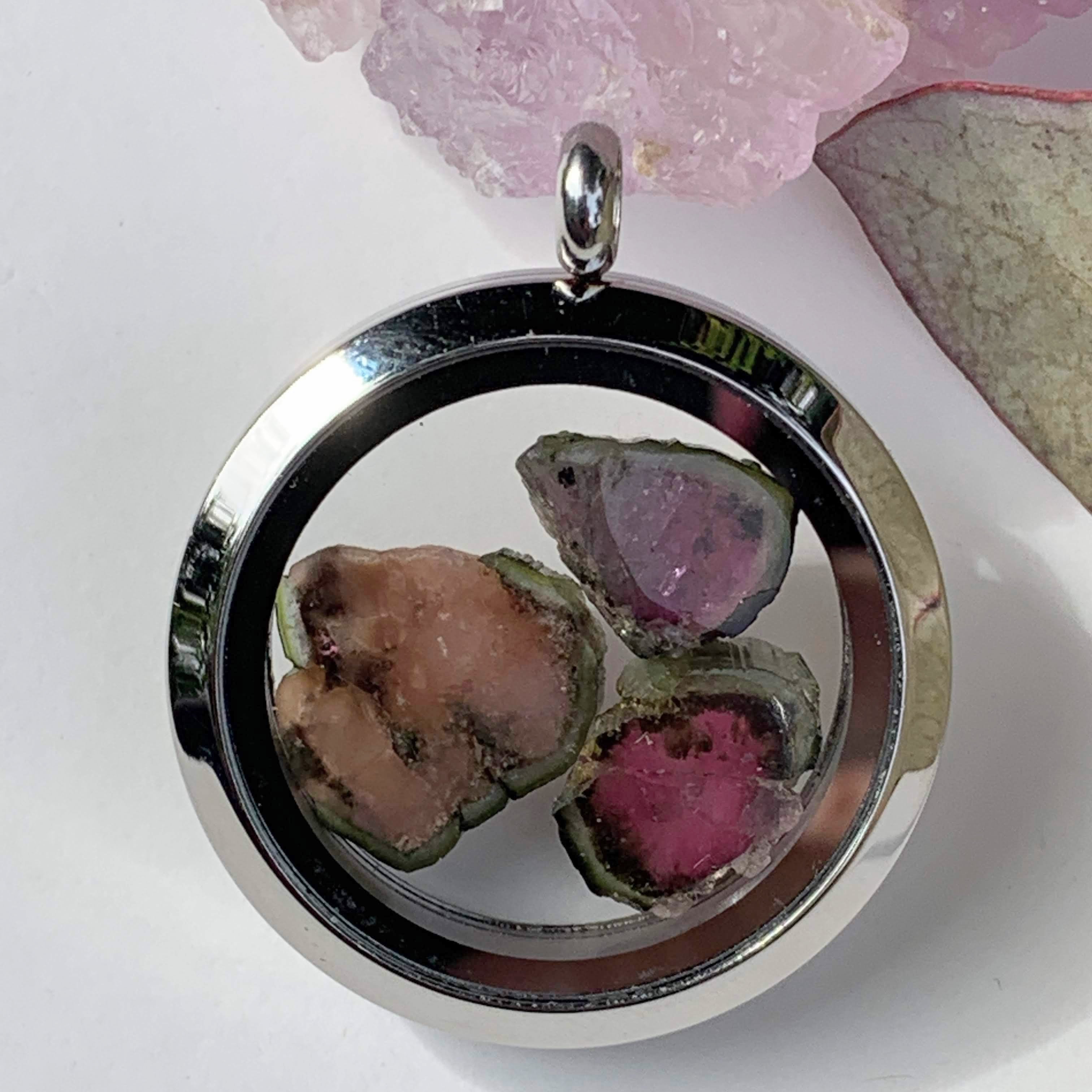 Beautiful Watermelon Tourmaline Floating Gems in Locket Style Stainless Steel Pendant (Includes Silver Chain) #1 - Earth Family Crystals