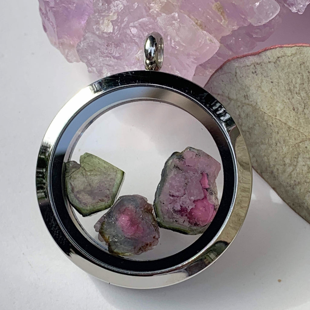 Beautiful Watermelon Tourmaline Floating Gems in Locket Style Stainless Steel Pendant (Includes Silver Chain) #2 - Earth Family Crystals