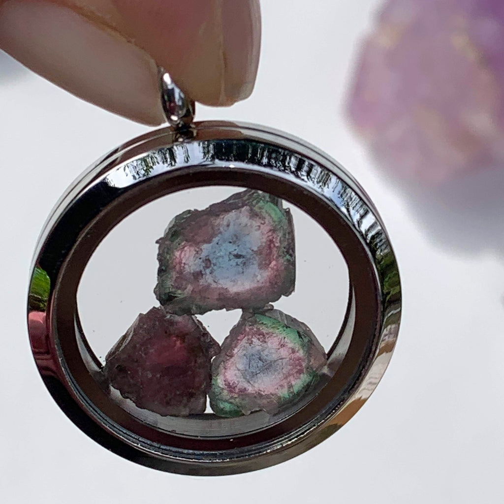 Beautiful Watermelon Tourmaline Floating Gems in Locket Style Stainless Steel Pendant (Includes Silver Chain) #3 - Earth Family Crystals