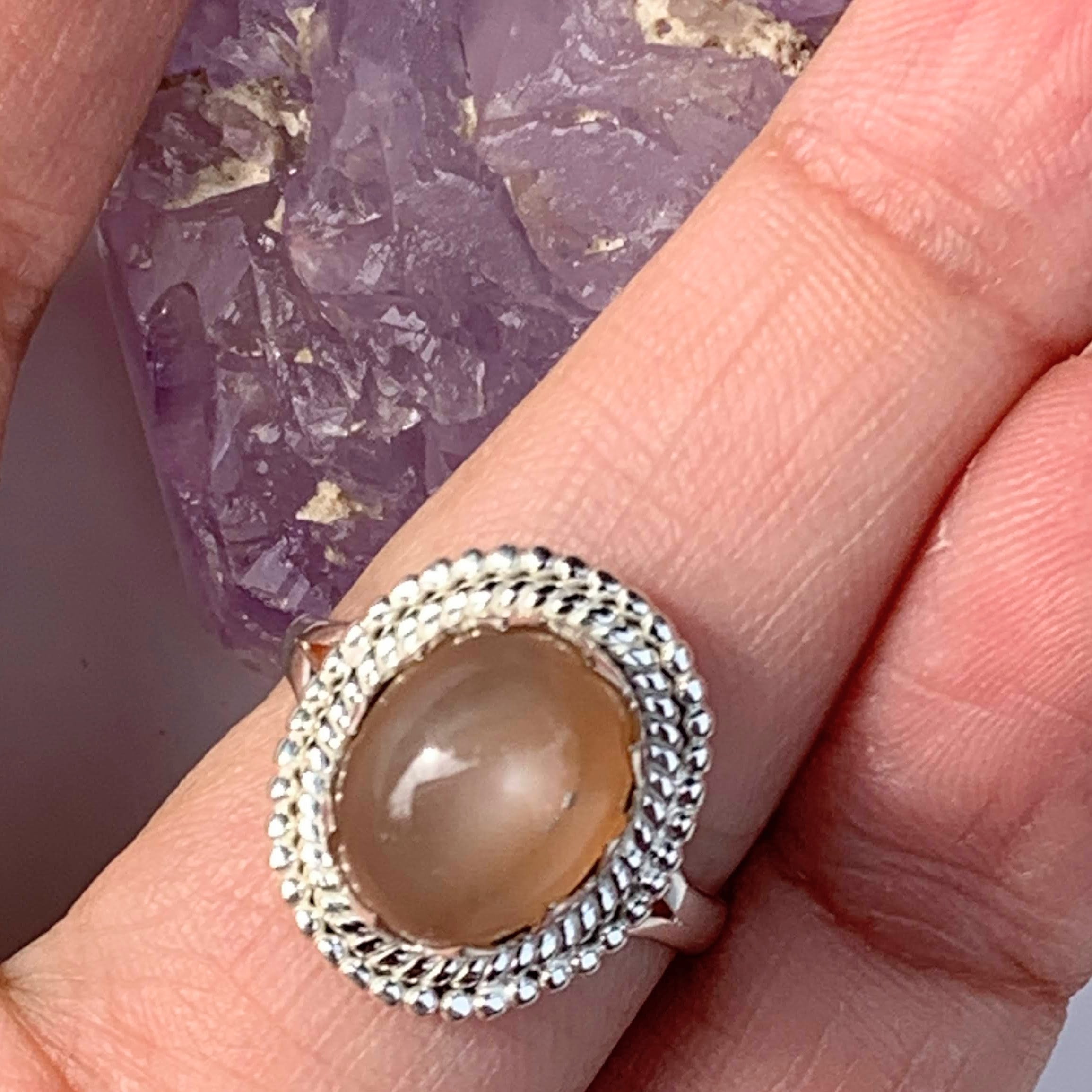 Elegant Creamy Peach Moonstone Gemstone Ring in Sterling Silver (Size 7) - Earth Family Crystals