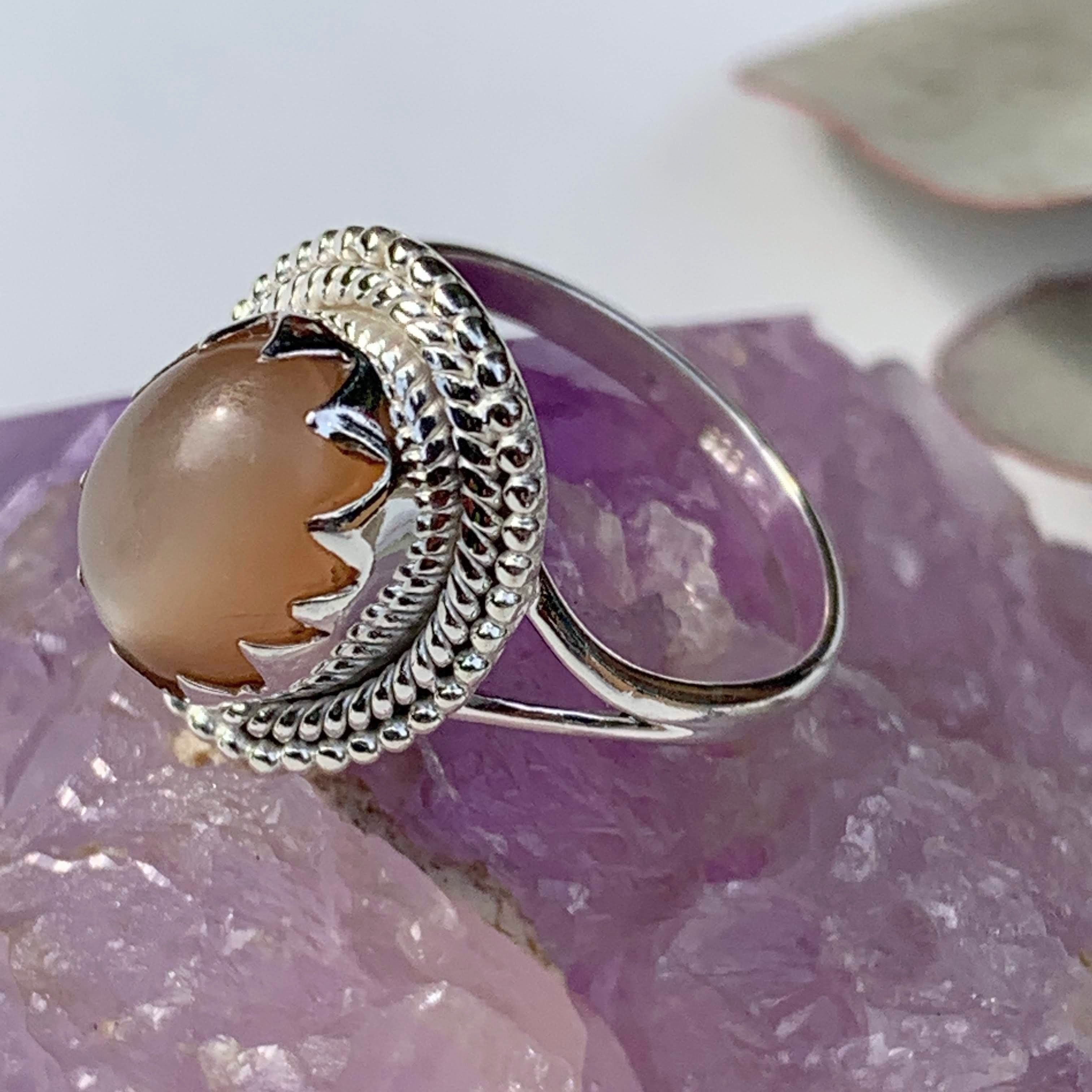 Elegant Creamy Peach Moonstone Gemstone Ring in Sterling Silver (Size 9) - Earth Family Crystals