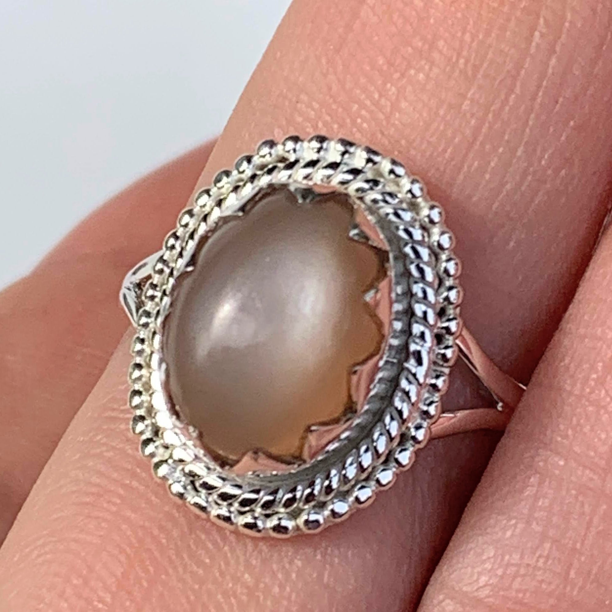 Elegant Creamy Peach Moonstone Gemstone Ring in Sterling Silver (Size 9) - Earth Family Crystals