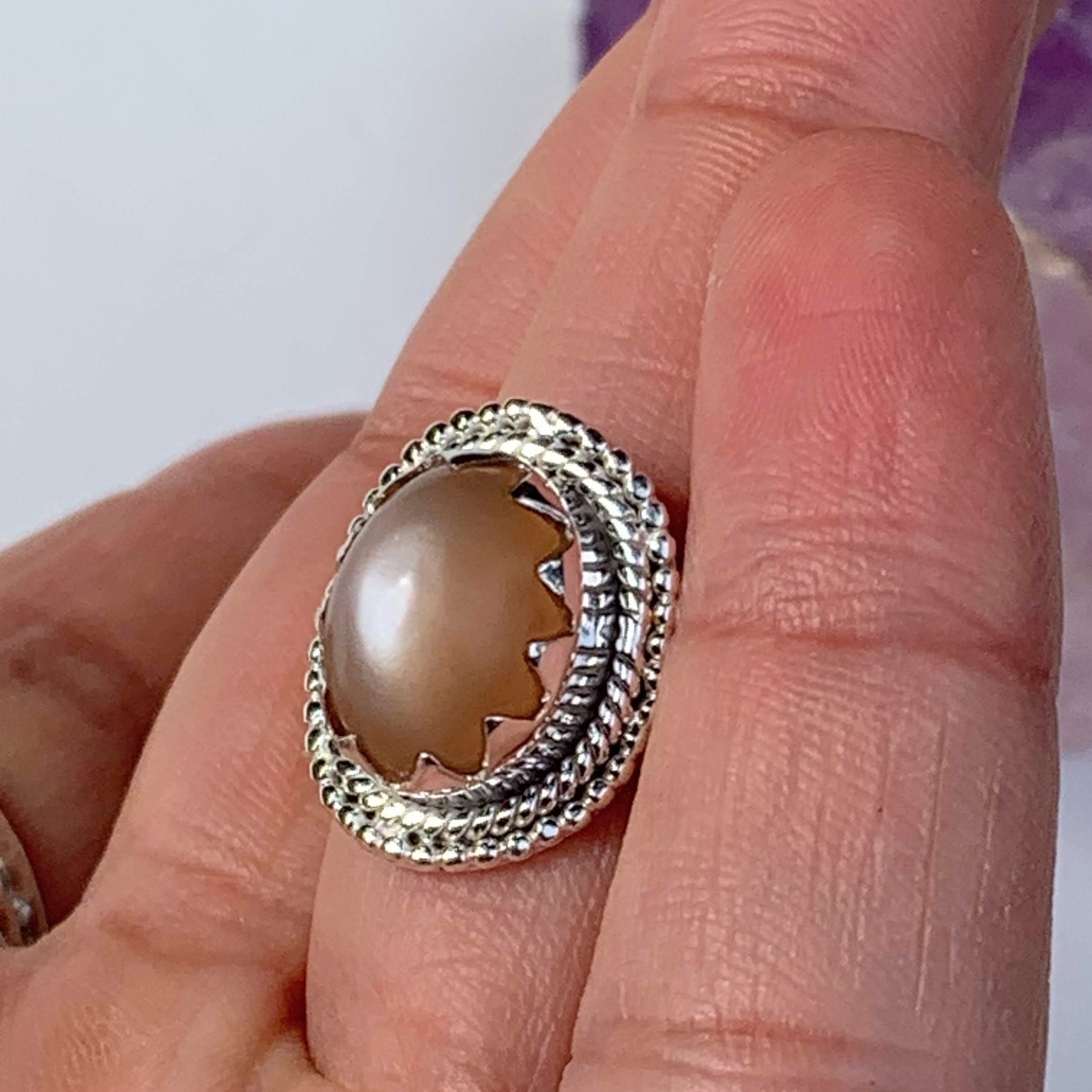 Elegant Creamy Peach Moonstone Gemstone Ring in Sterling Silver (Size 10) - Earth Family Crystals