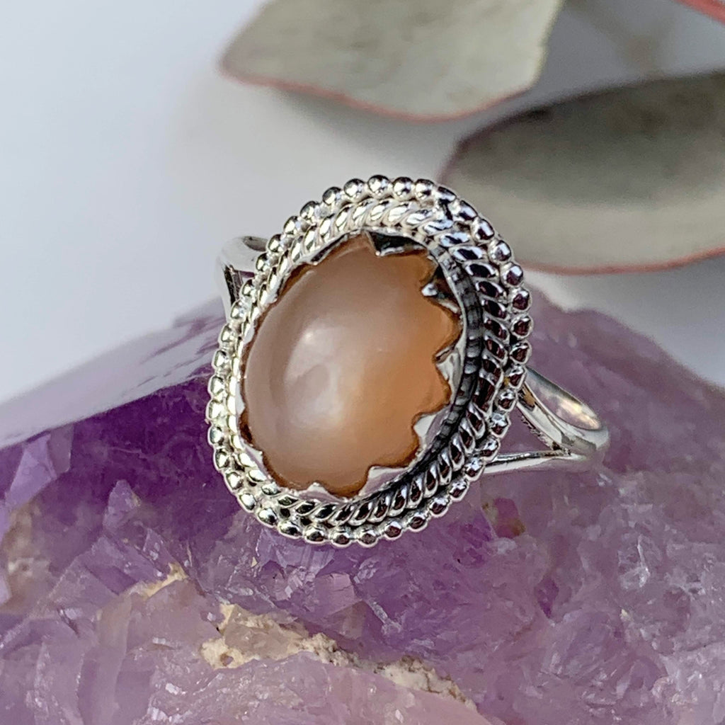 Elegant Creamy Peach Moonstone Gemstone Ring in Sterling Silver (Size 9) - Earth Family Crystals