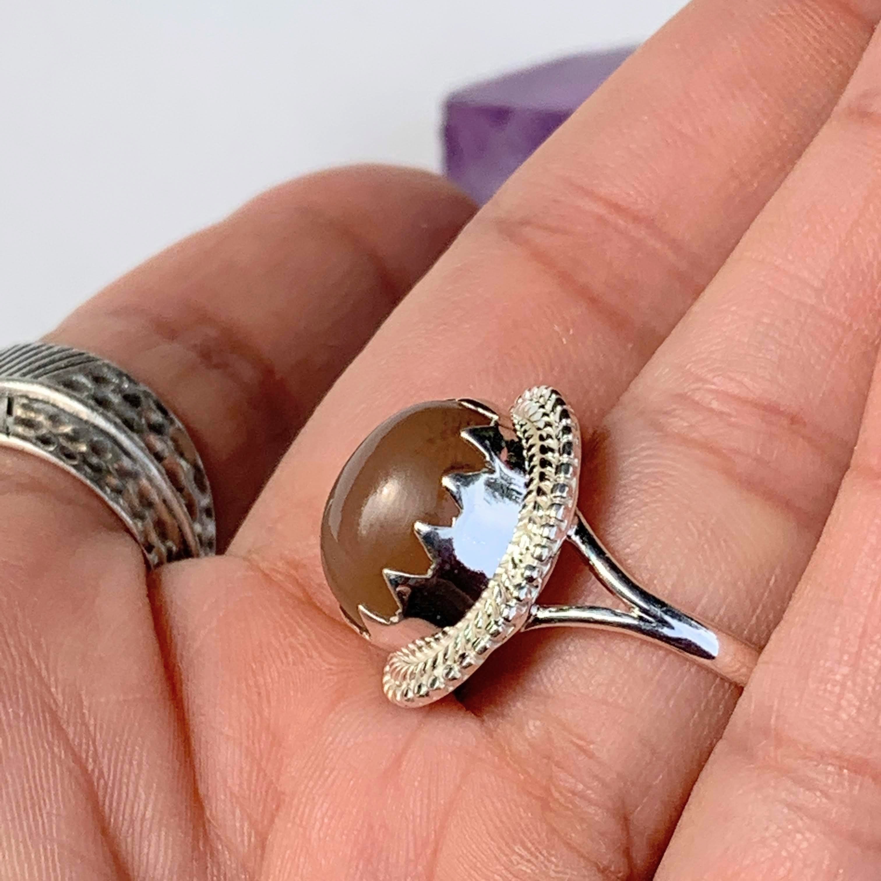 Elegant Creamy Peach Moonstone Gemstone Ring in Sterling Silver (Size 9) - Earth Family Crystals