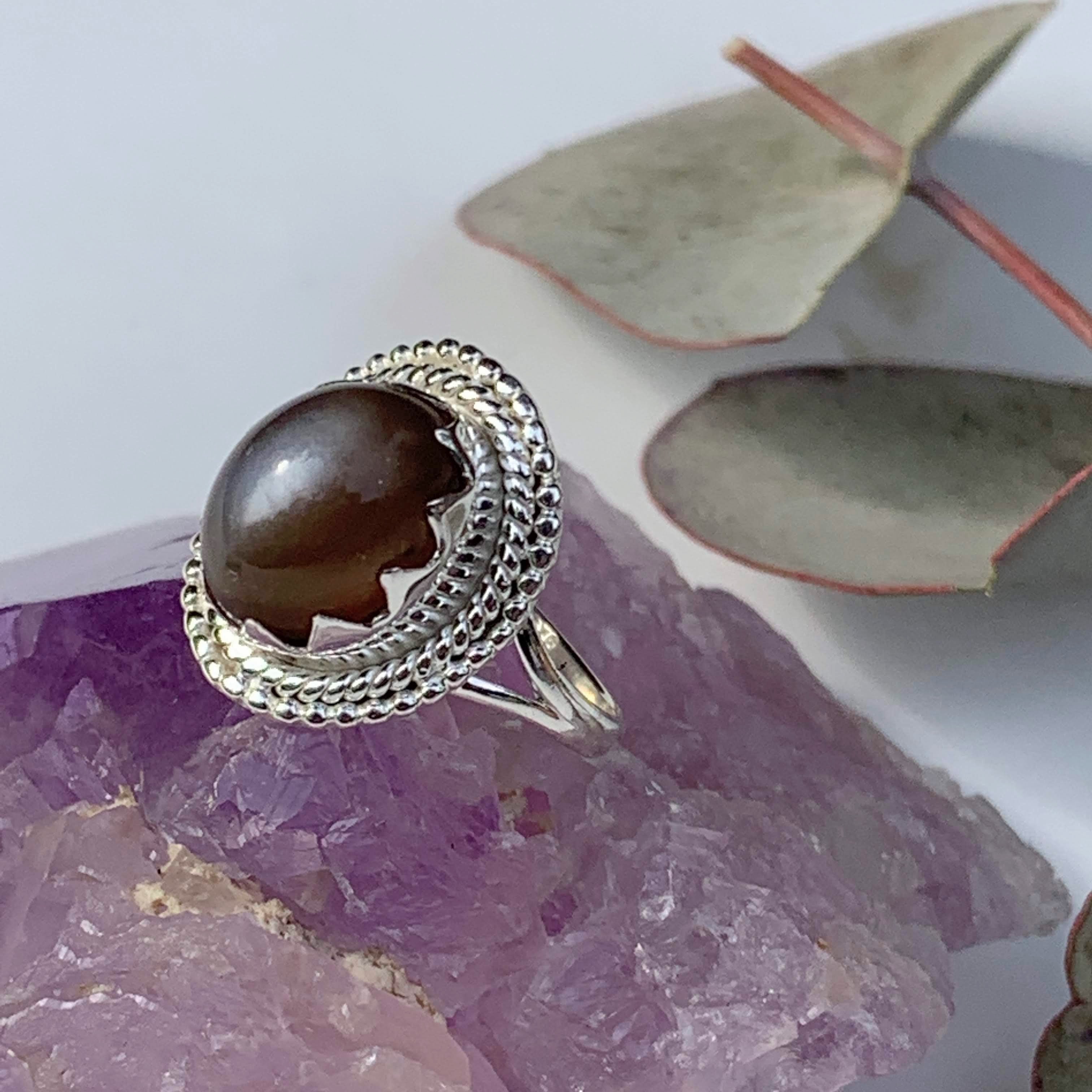 Flashy Grey & Peach Moonstone Gemstone Ring in Sterling Silver (Size 6) - Earth Family Crystals