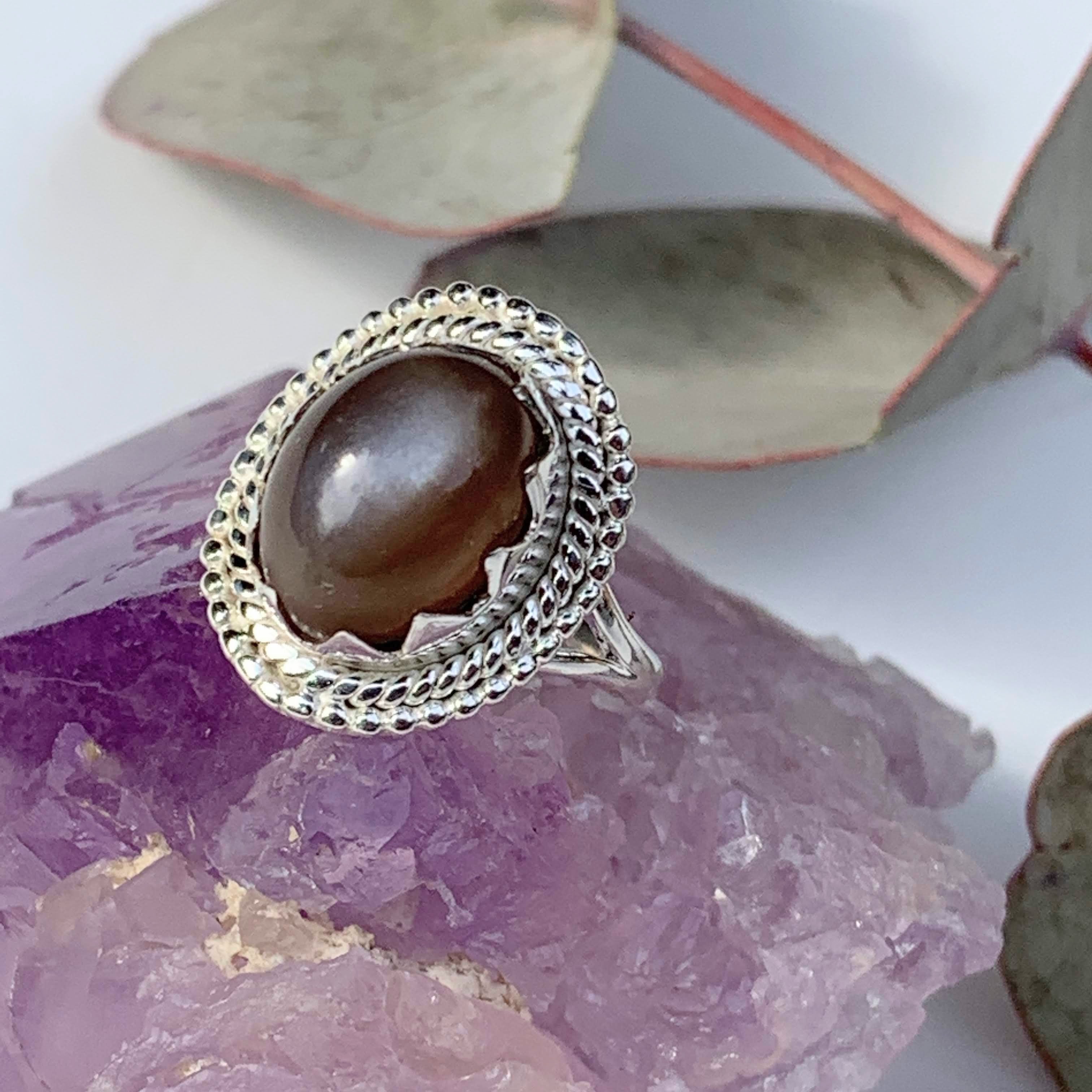 Flashy Grey & Peach Moonstone Gemstone Ring in Sterling Silver (Size 6) - Earth Family Crystals