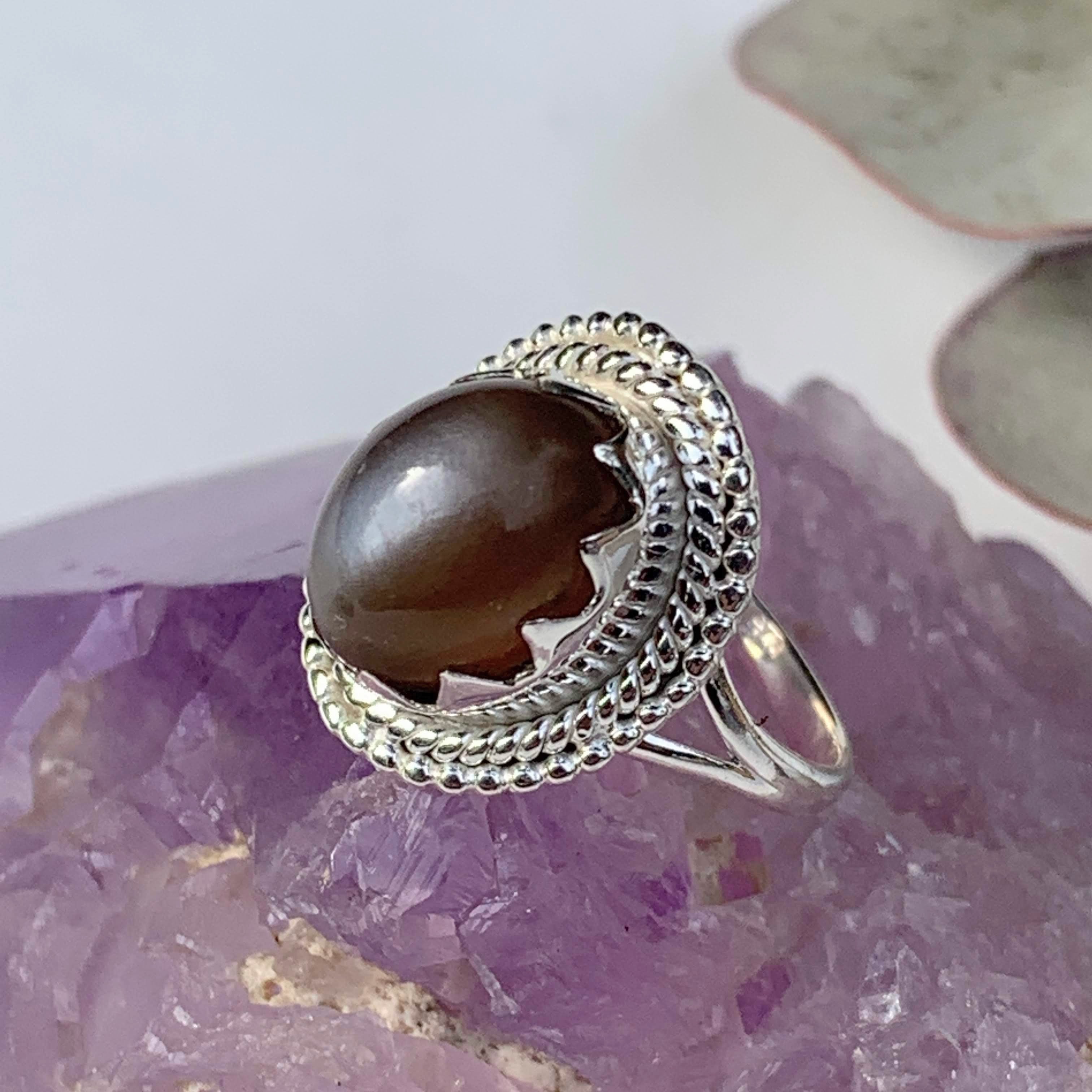 Flashy Grey & Peach Moonstone Gemstone Ring in Sterling Silver (Size 6) - Earth Family Crystals