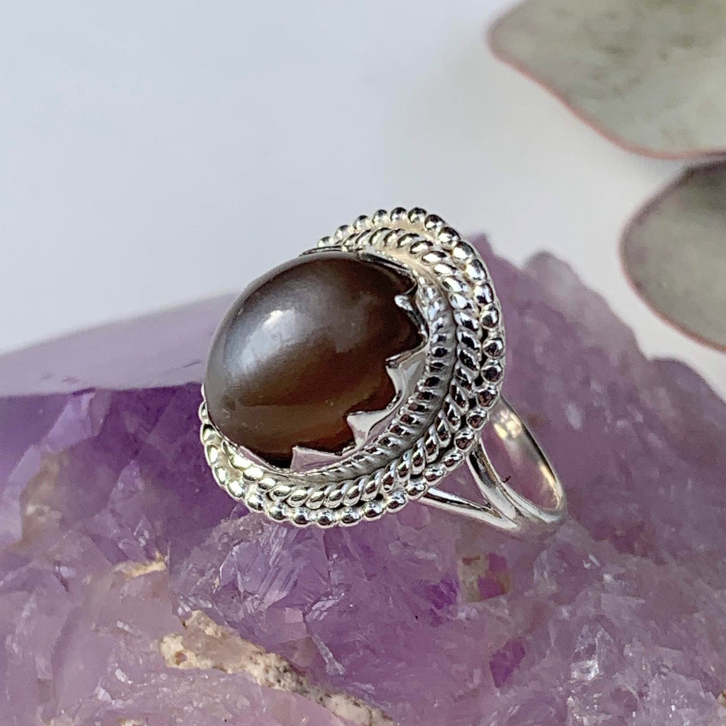 Flashy Grey & Peach Moonstone Gemstone Ring in Sterling Silver (Size 6) - Earth Family Crystals