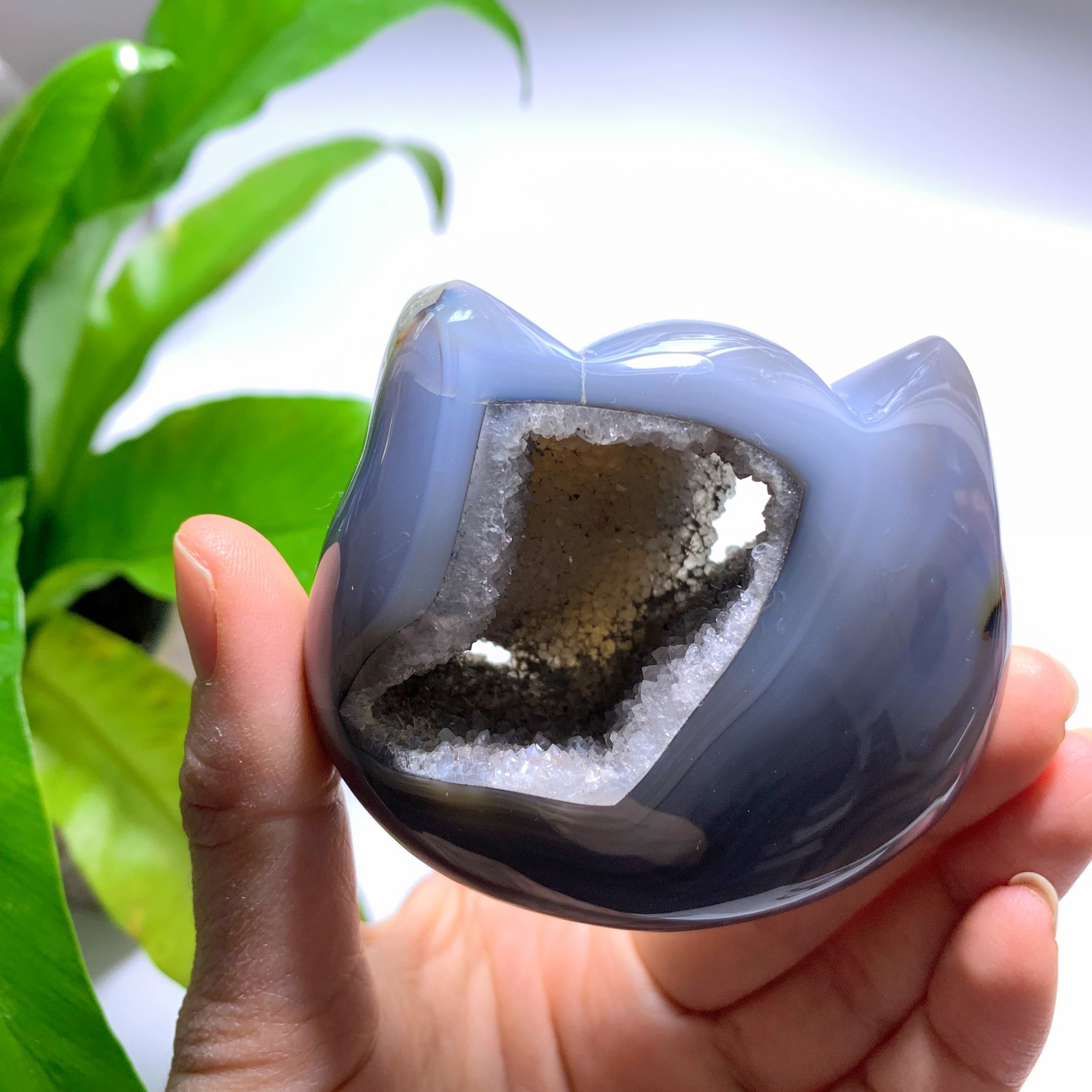 Druzy Geode & Blue Agate Cat Head Carving From Brazil #1