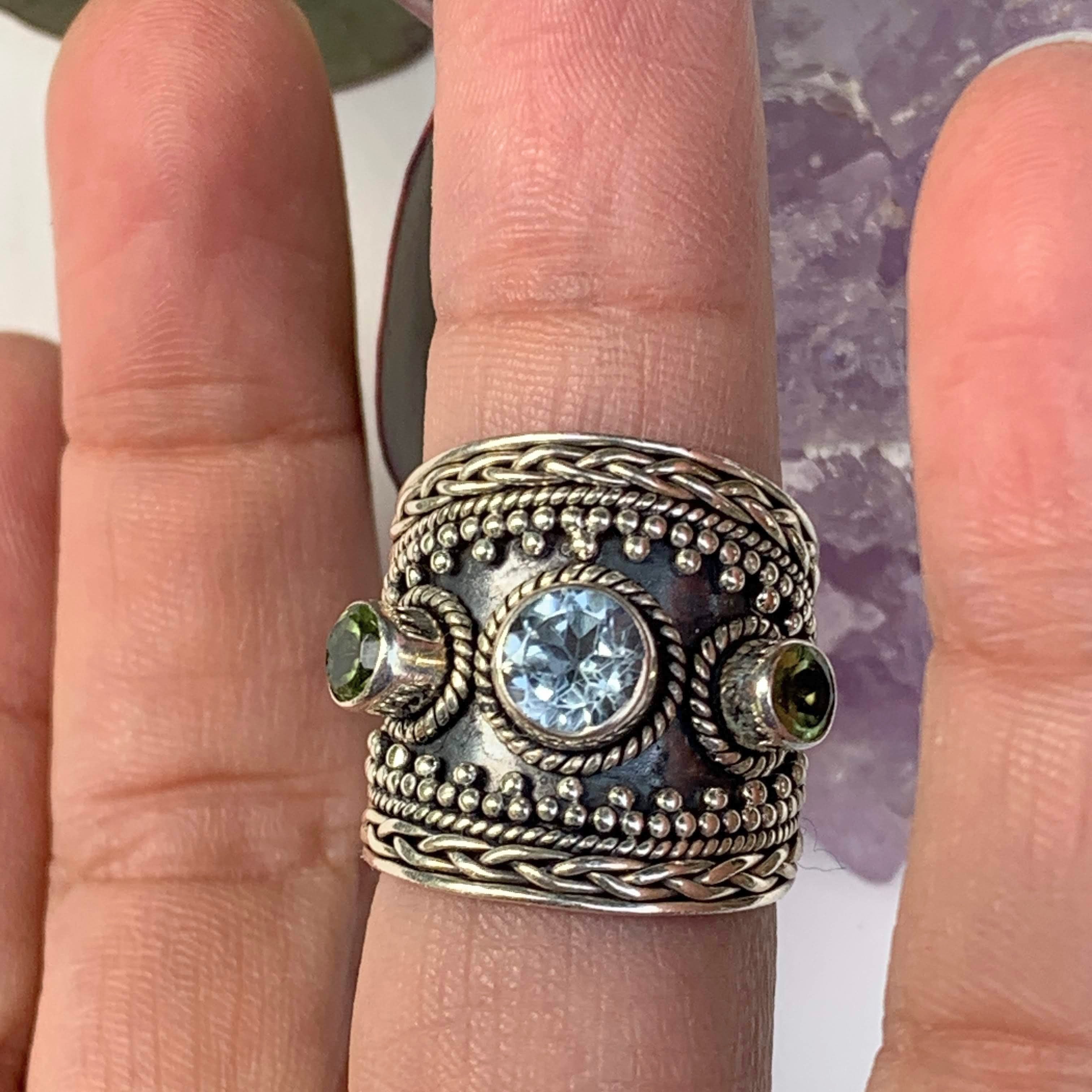 Chunky Faceted Blue Topaz & Peridot Ring in Sterling Silver (Size: 5.5) - Earth Family Crystals