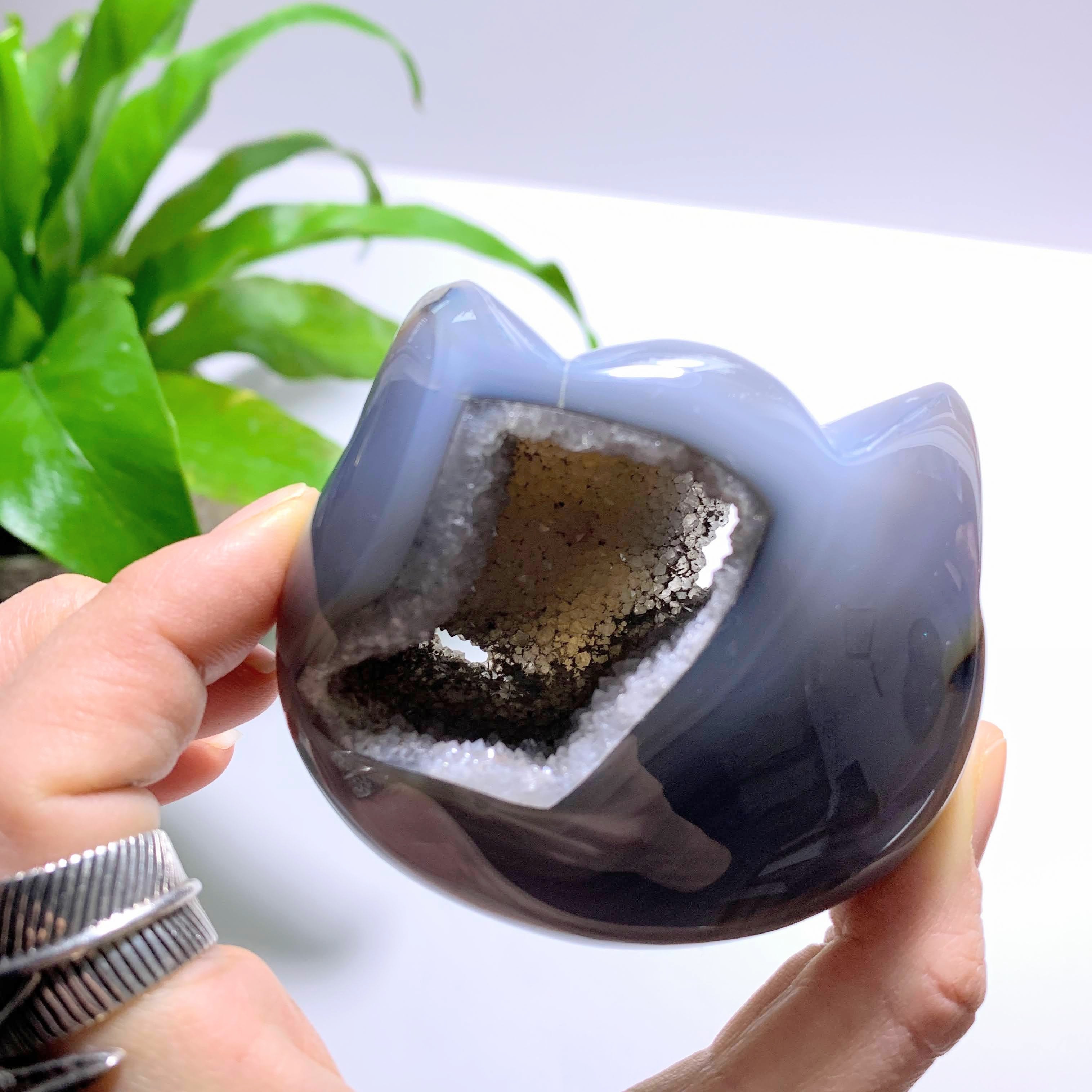 Druzy Geode & Blue Agate Cat Head Carving From Brazil #1