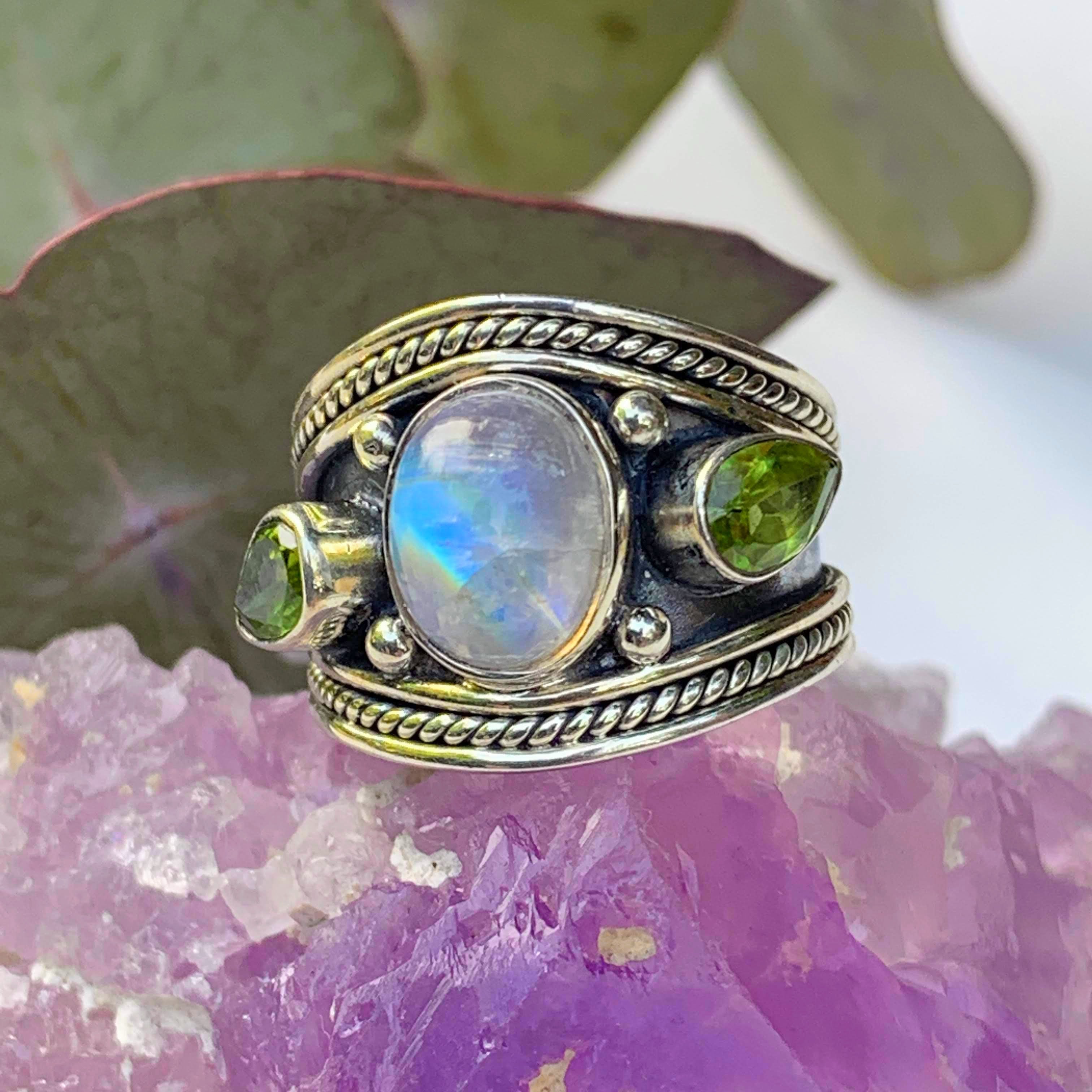 Pretty Rainbow Moonstone & Faceted Peridot Ring in Sterling Silver (Size: 6) - Earth Family Crystals