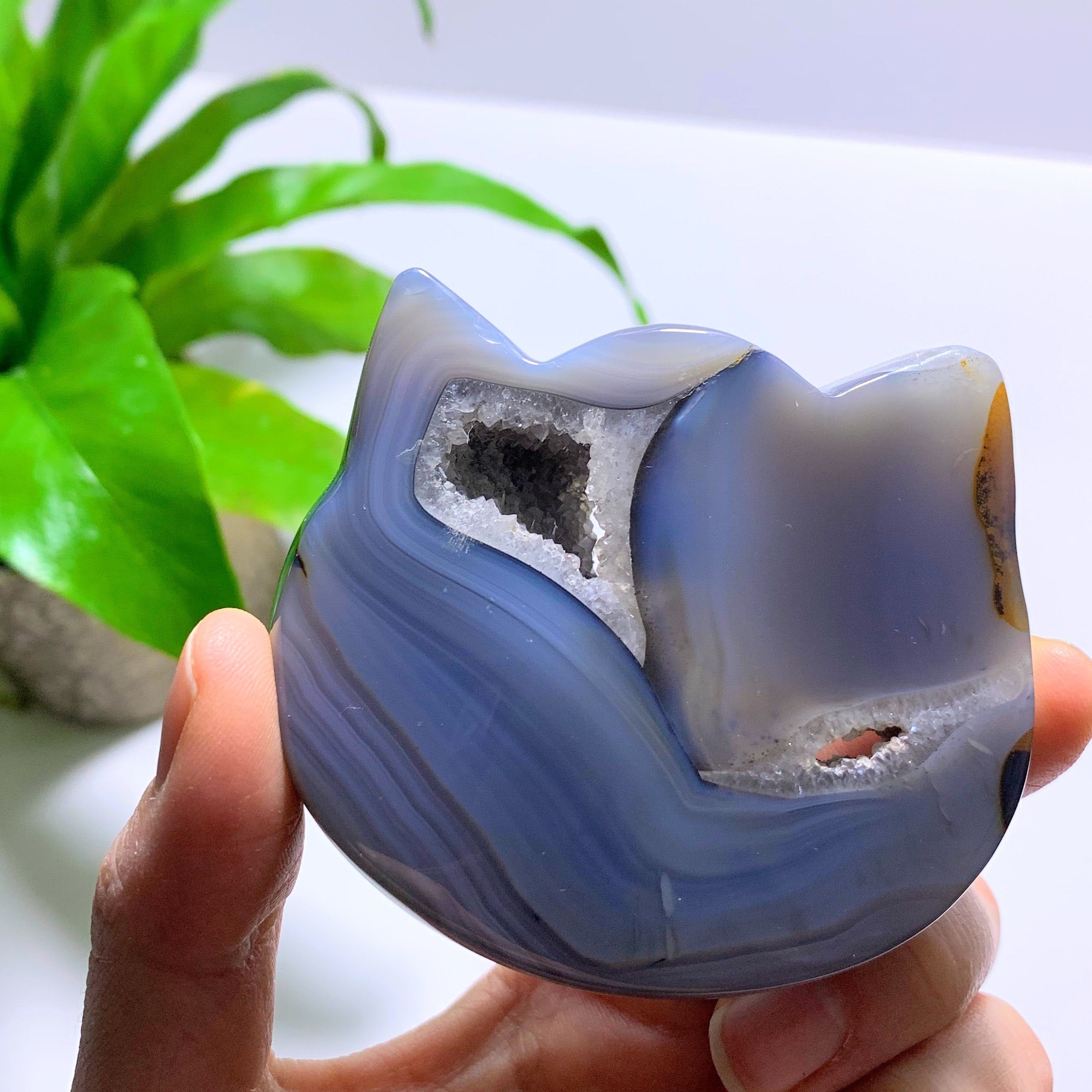 Druzy Geode & Blue Agate Cat Head Carving From Brazil #1