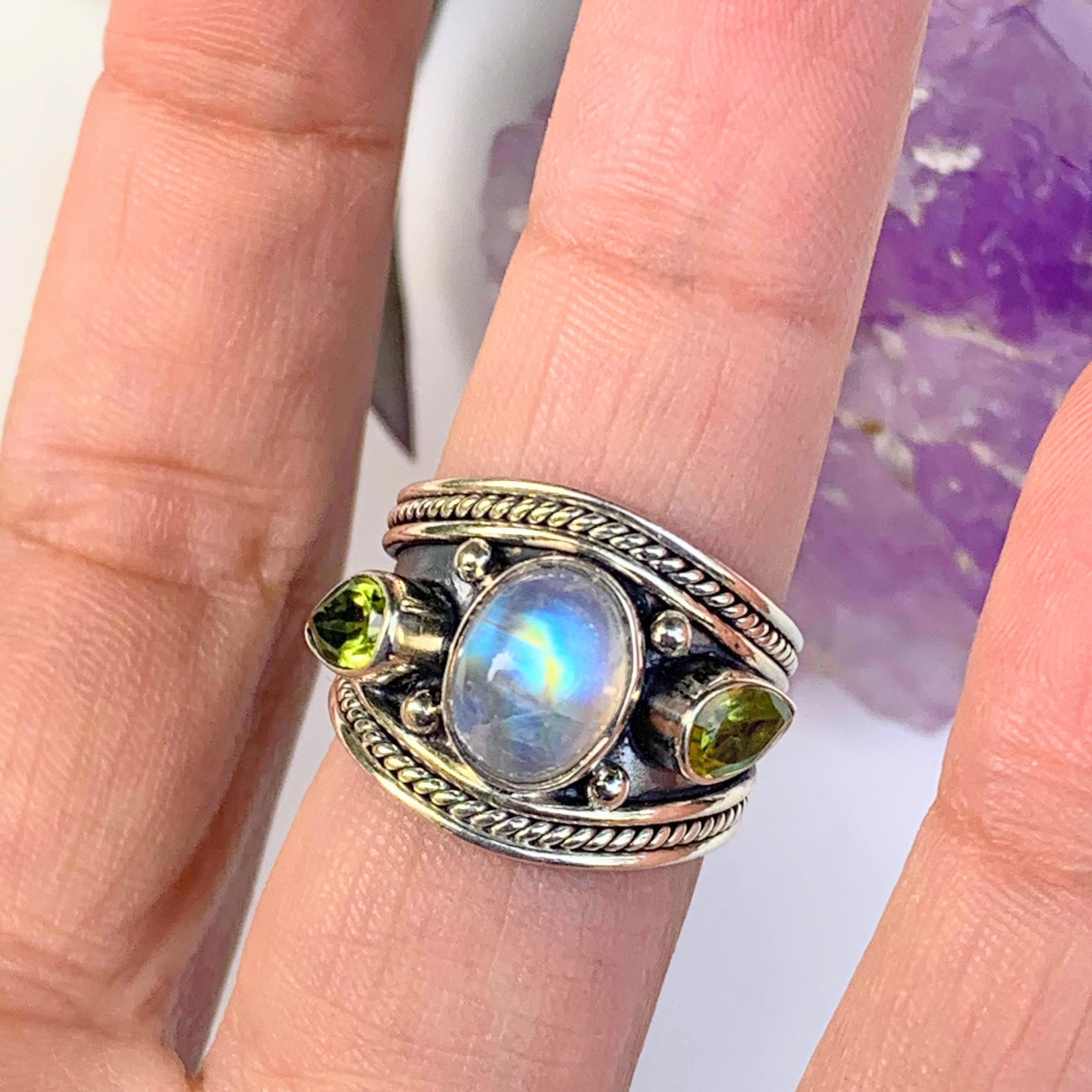 Pretty Rainbow Moonstone & Faceted Peridot Ring in Sterling Silver (Size: 6) - Earth Family Crystals