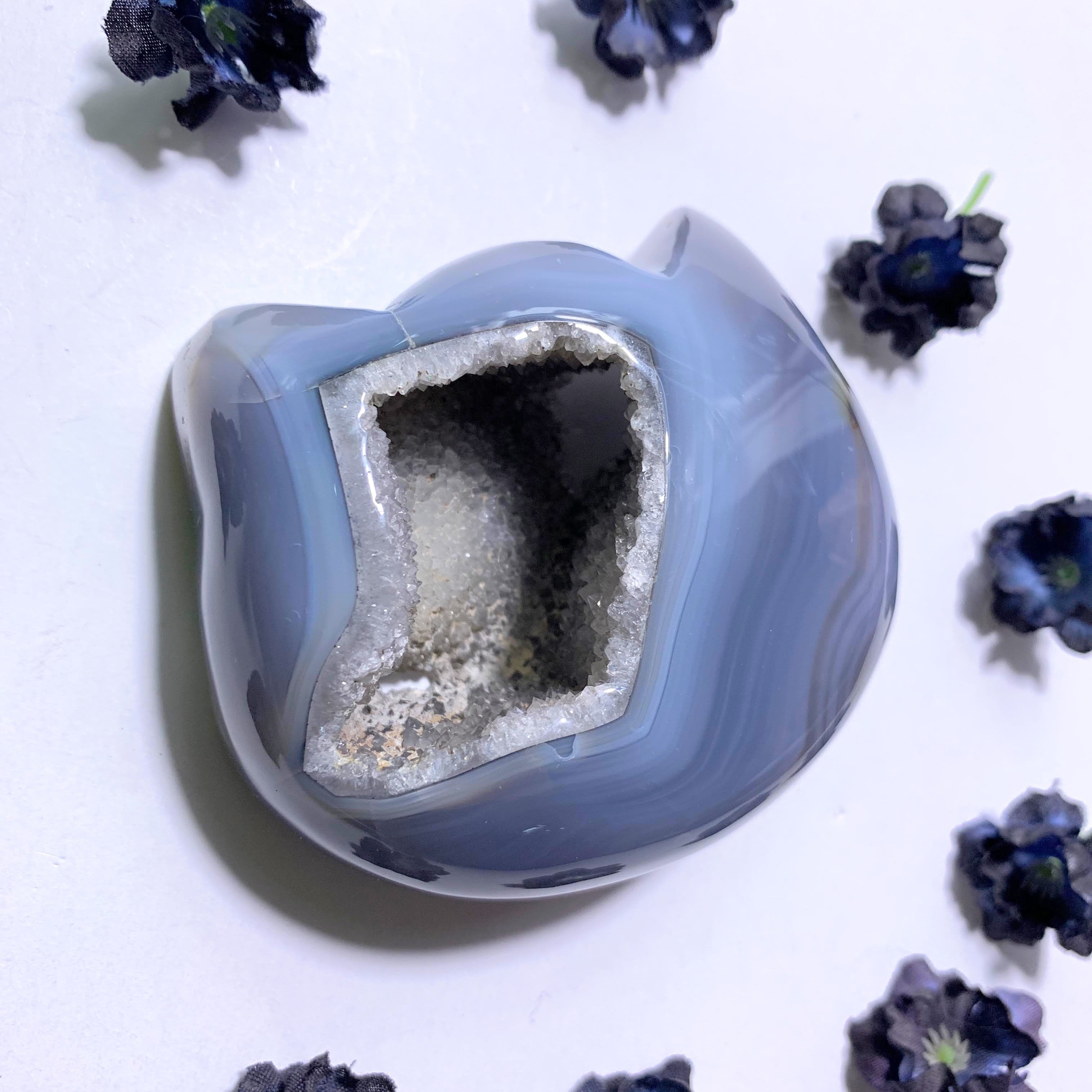 Druzy Geode & Blue Agate Cat Head Carving From Brazil #1
